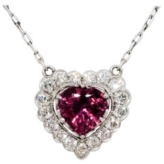Estate Red Tourmaline and White Diamond Heart Pendant Necklace in Platinum