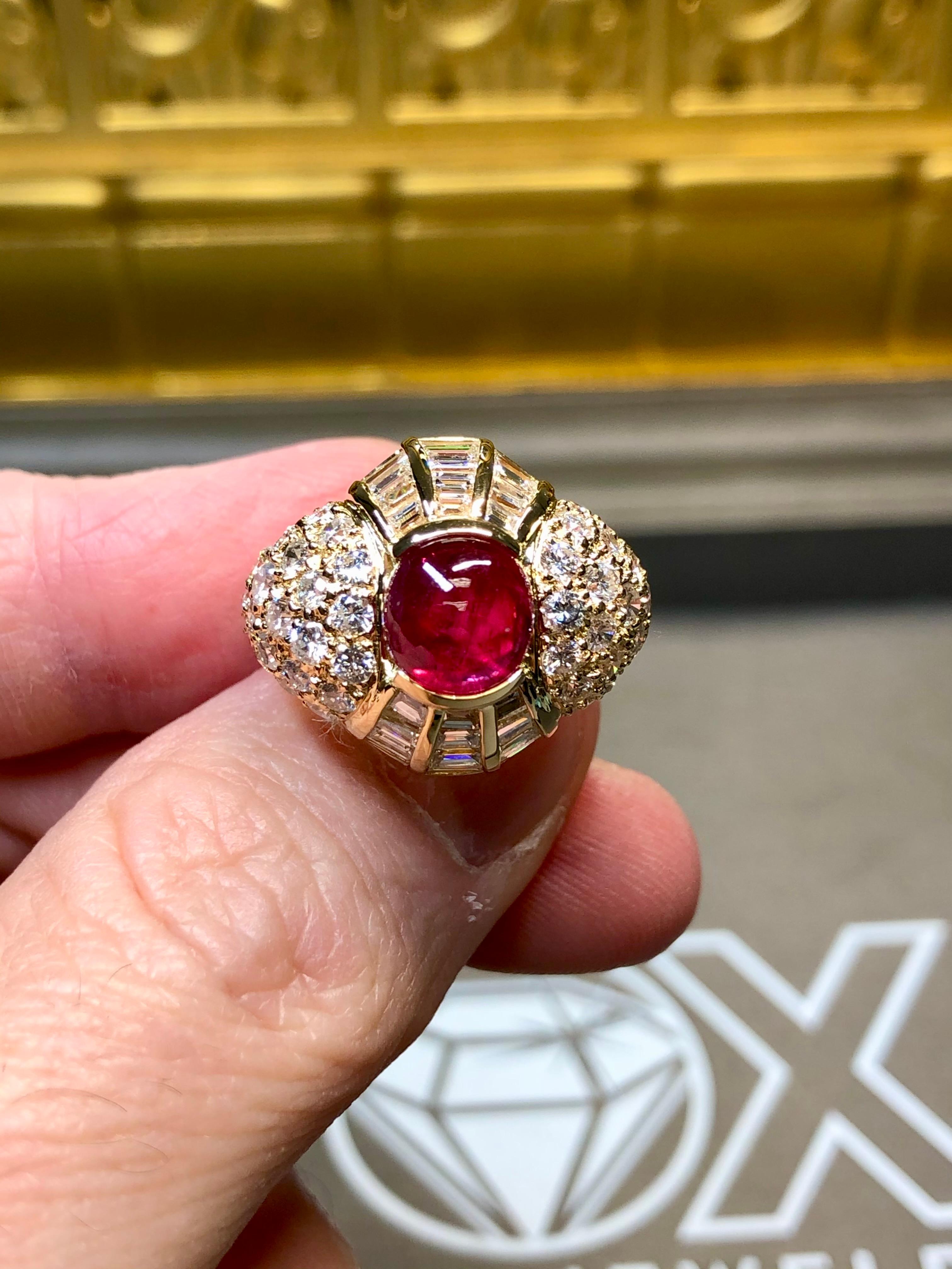 Estate Regal 18K Cabochon Ruby Baguette Round Diamond Cocktail Ring 8.50ctw For Sale 5