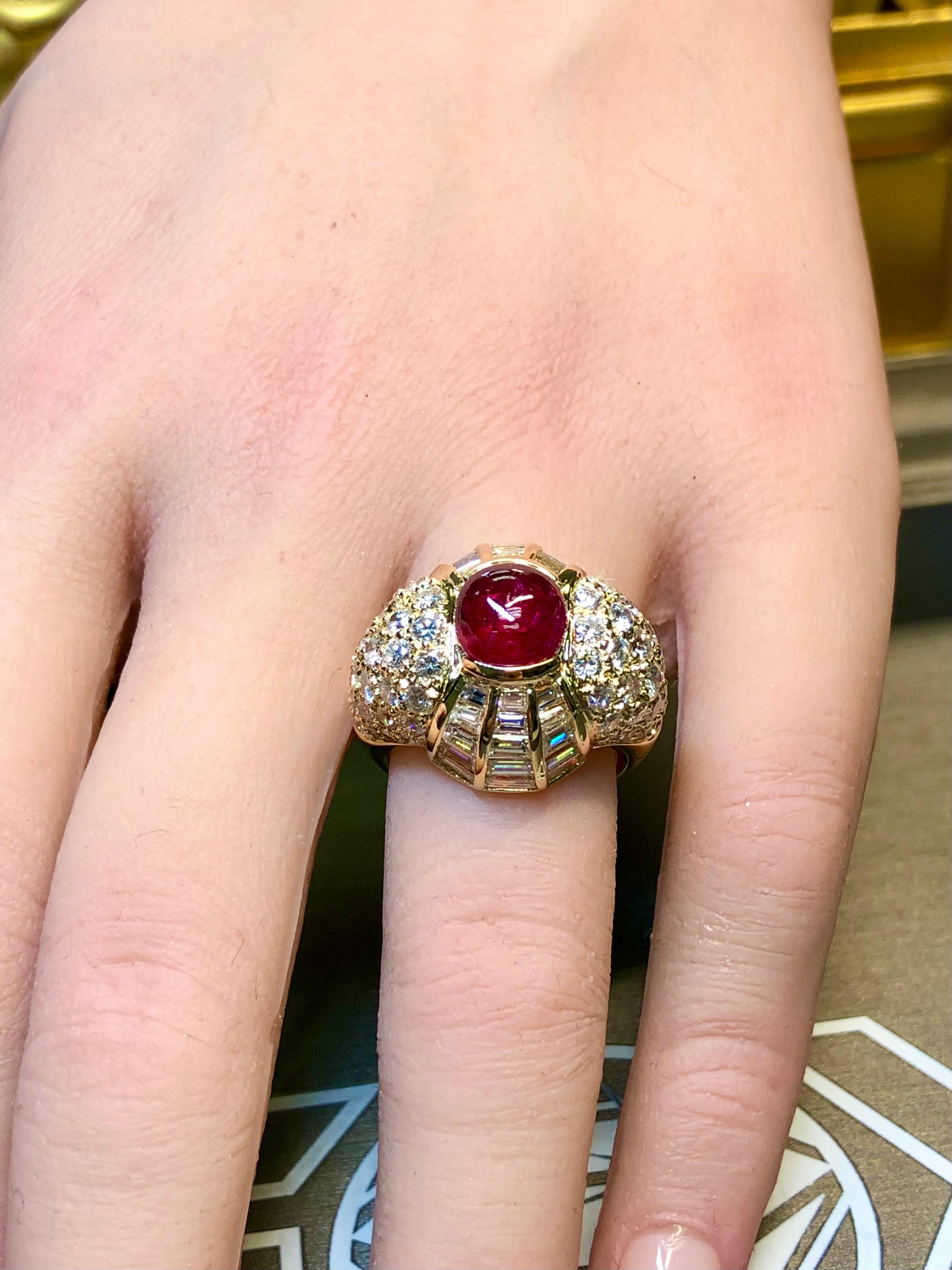 Estate Regal 18K Cabochon Ruby Baguette Round Diamond Cocktail Ring 8.50ctw For Sale 6