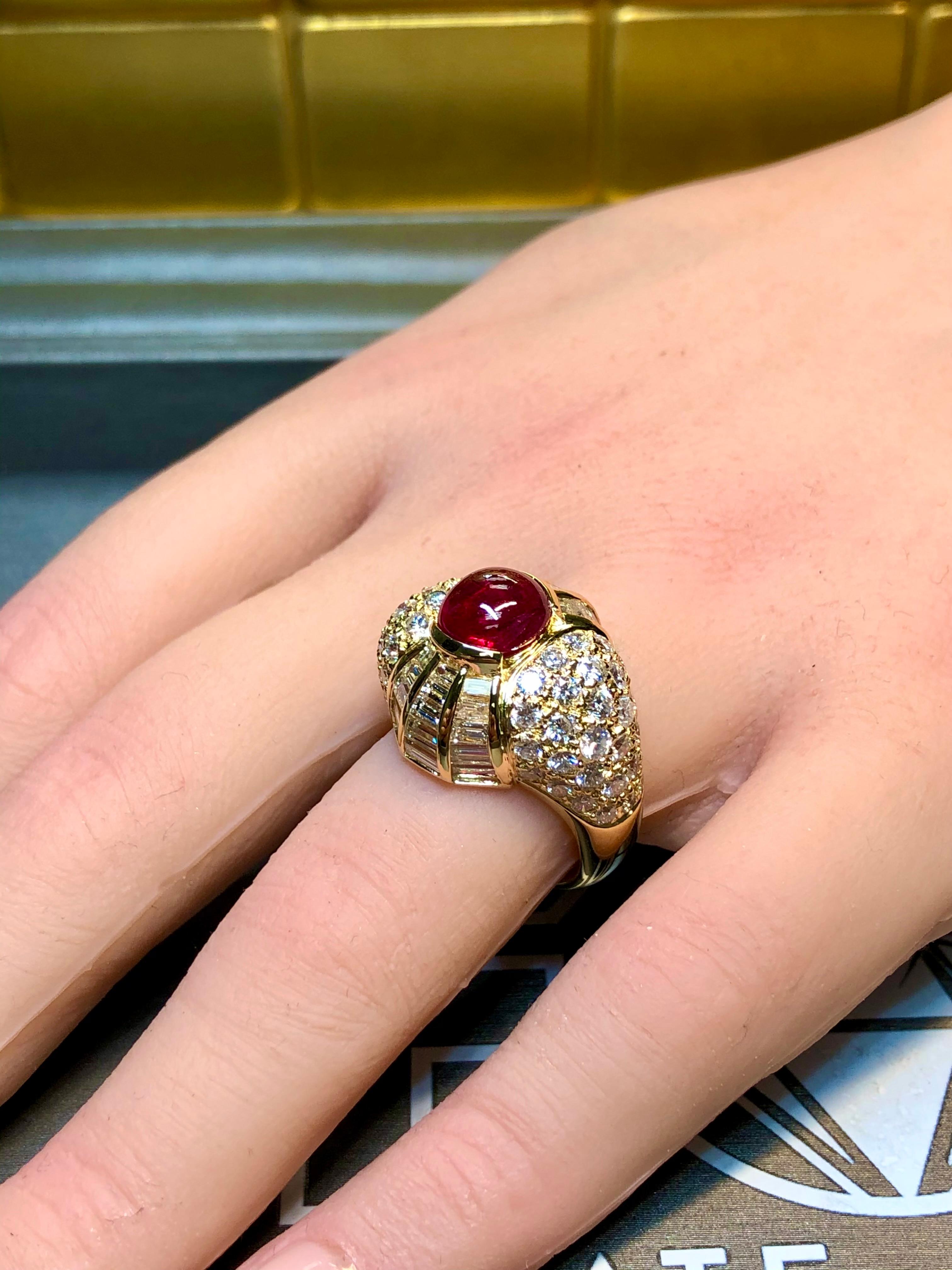Estate Regal 18K Cabochon Ruby Baguette Round Diamond Cocktail Ring 8.50ctw For Sale 7