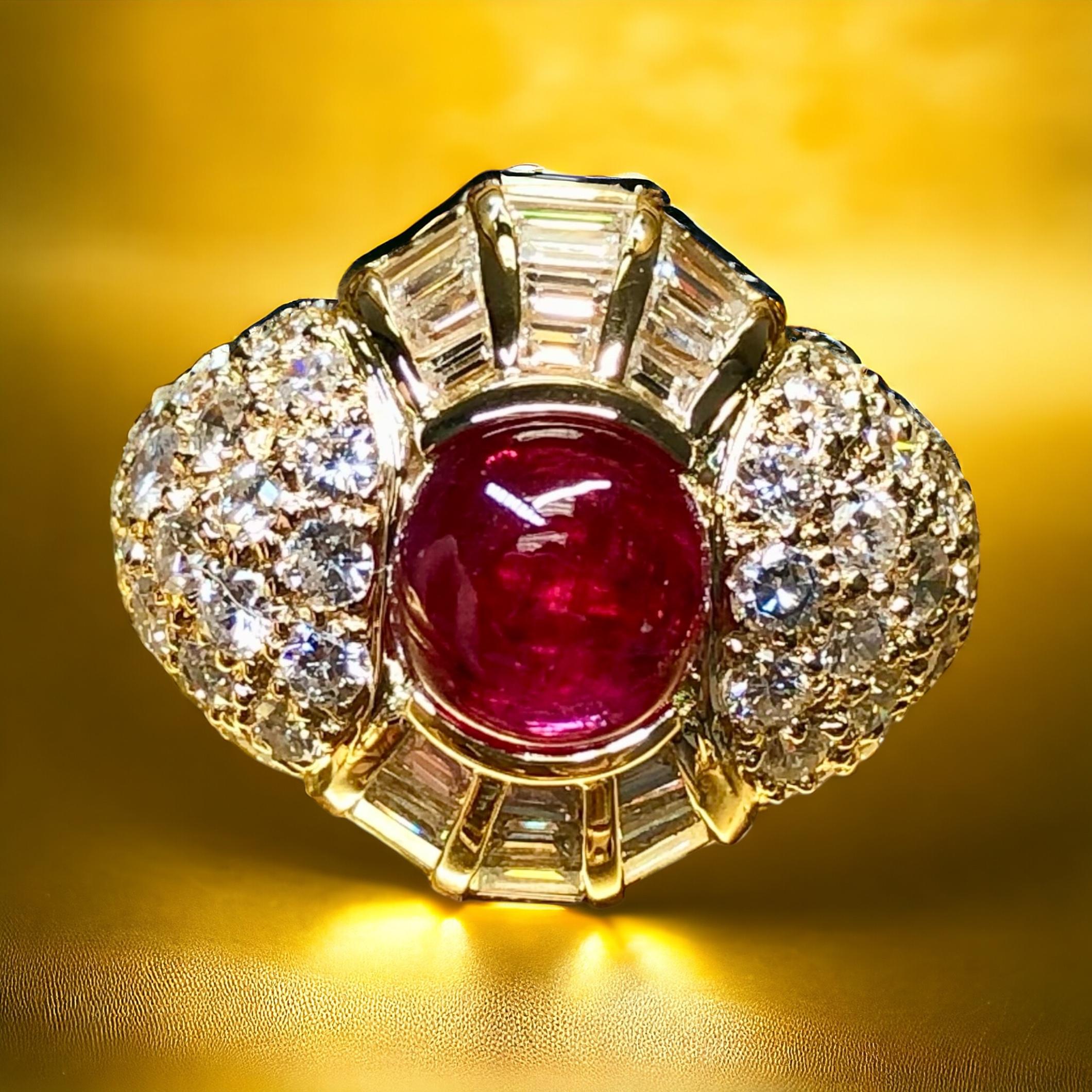 Estate Regal 18K Cabochon Ruby Baguette Round Diamond Cocktail Ring 8.50ctw For Sale 8