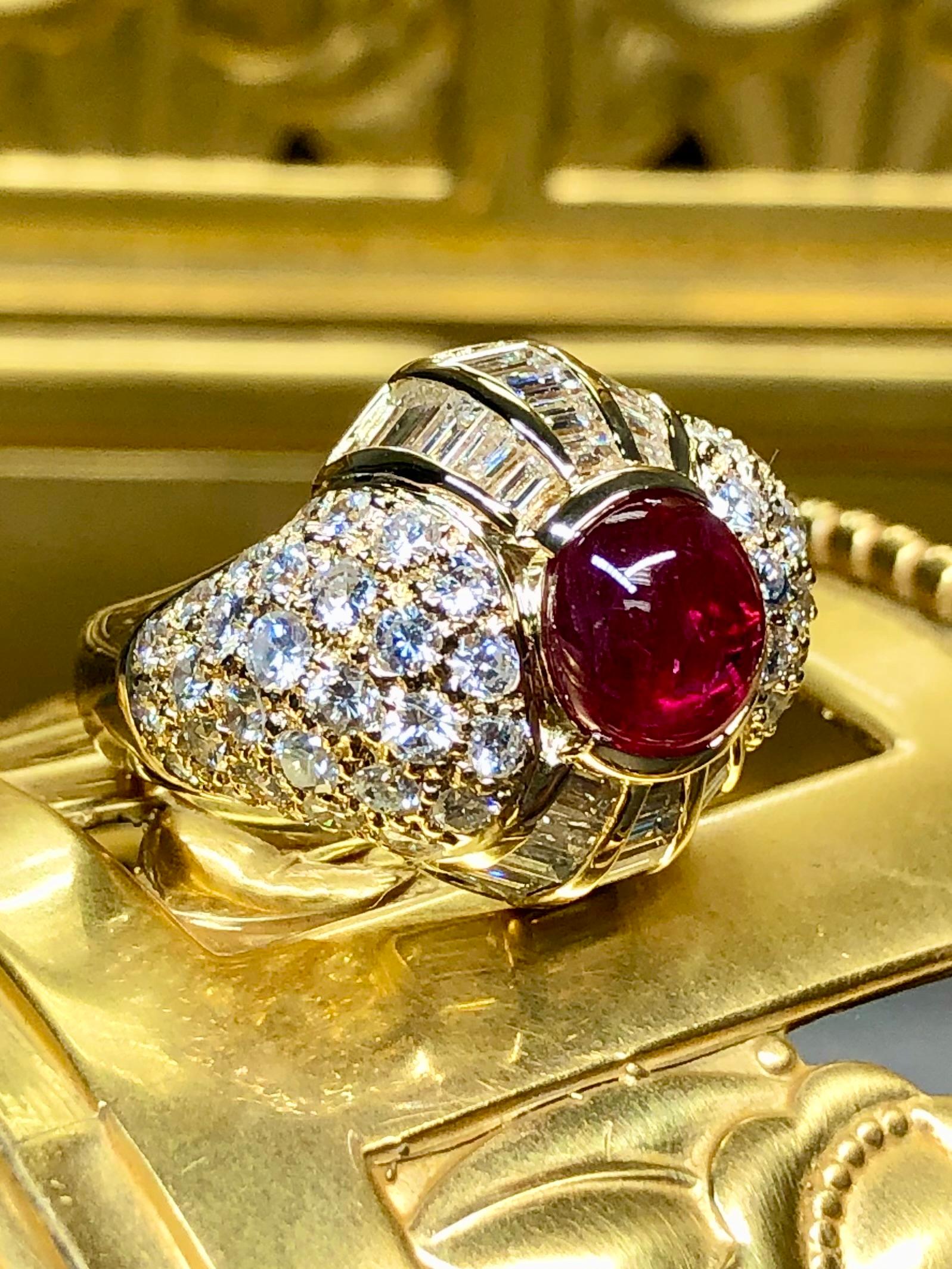 Contemporary Estate Regal 18K Cabochon Ruby Baguette Round Diamond Cocktail Ring 8.50ctw For Sale