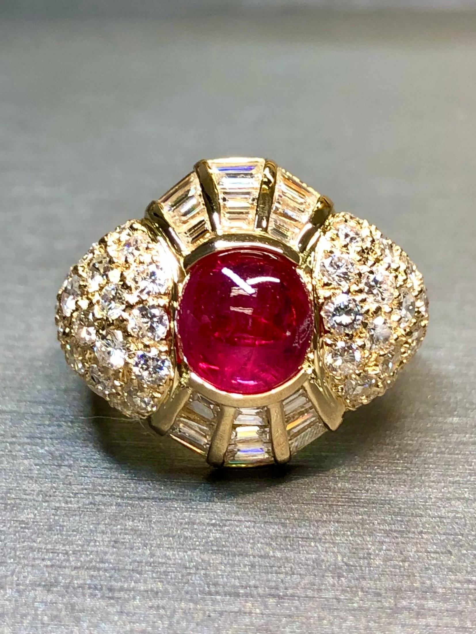 Estate Regal 18K Cabochon Ruby Baguette Round Diamond Cocktail Ring 8.50ctw In Good Condition For Sale In Winter Springs, FL