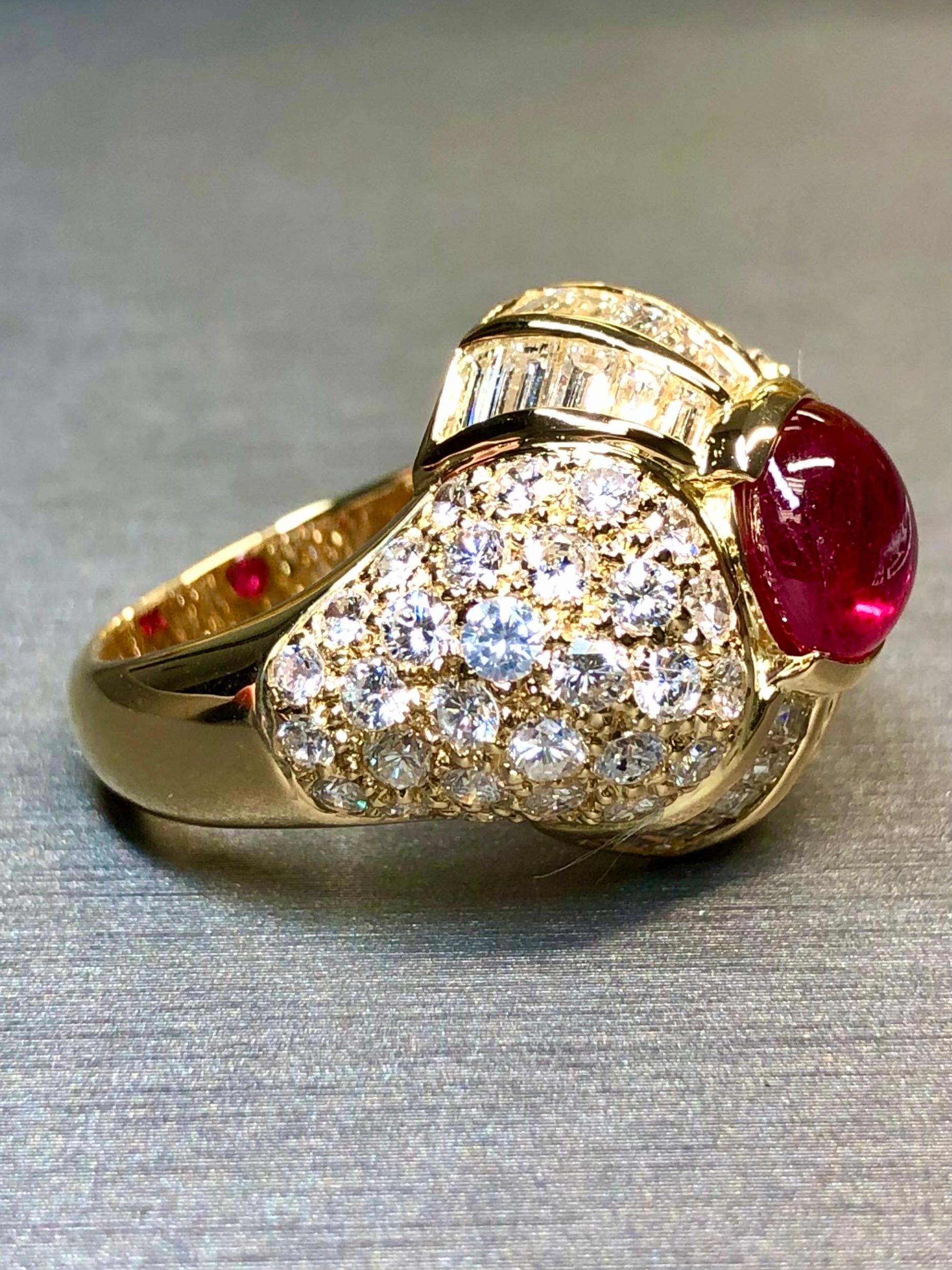 Women's or Men's Estate Regal 18K Cabochon Ruby Baguette Round Diamond Cocktail Ring 8.50ctw For Sale