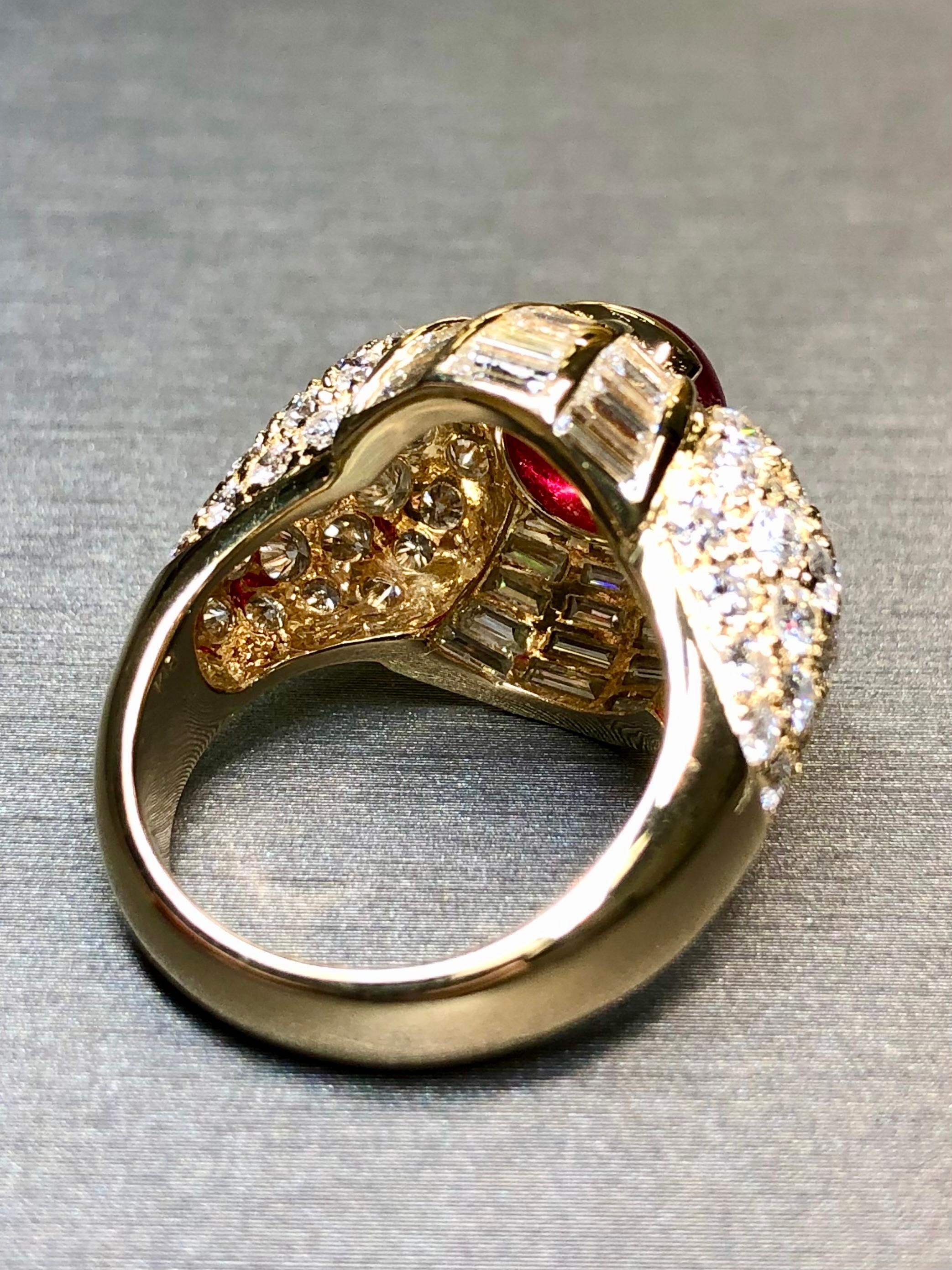 Estate Regal 18K Cabochon Ruby Baguette Round Diamond Cocktail Ring 8.50ctw For Sale 1