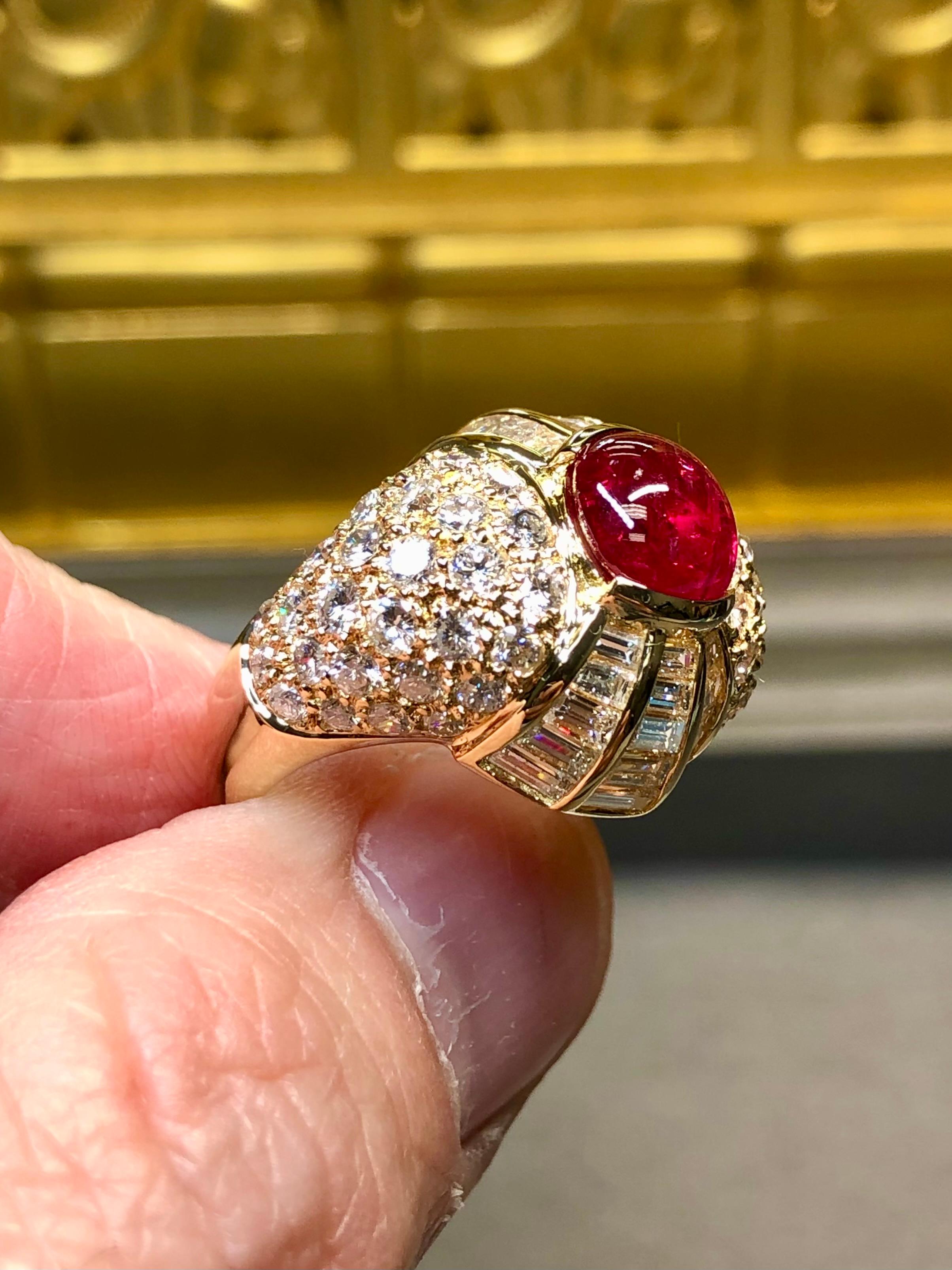 Estate Regal 18K Cabochon Ruby Baguette Round Diamond Cocktail Ring 8.50ctw For Sale 2