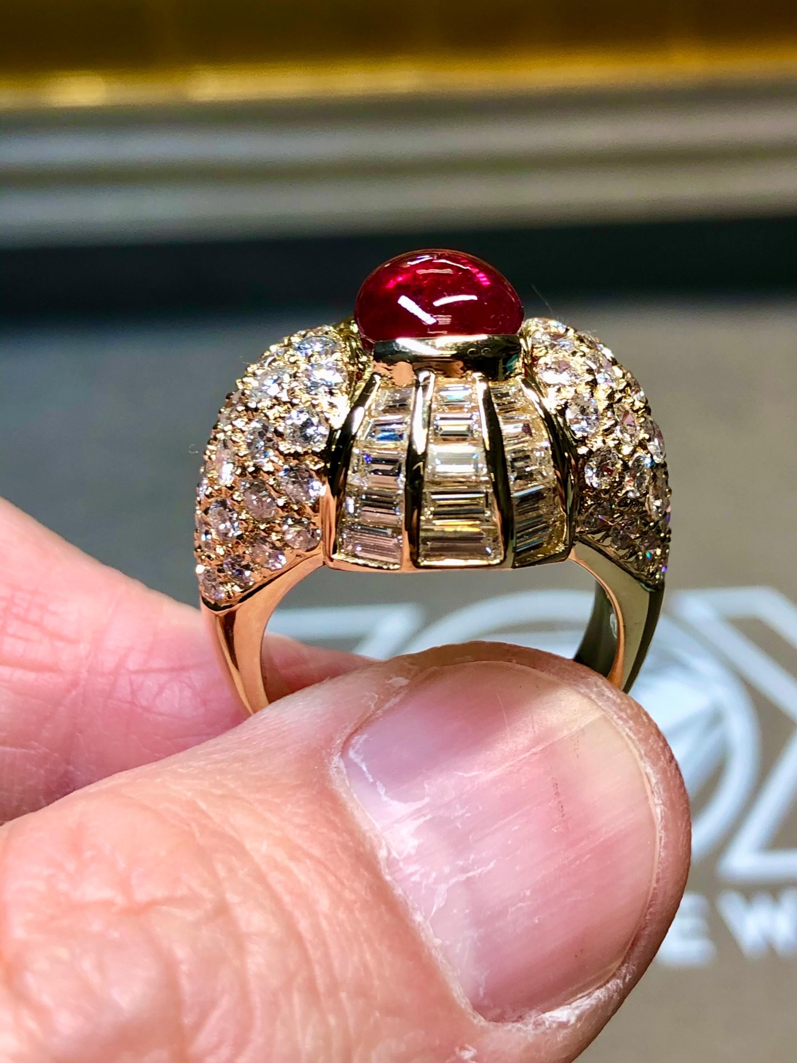 Estate Regal 18K Cabochon Ruby Baguette Round Diamond Cocktail Ring 8.50ctw For Sale 3