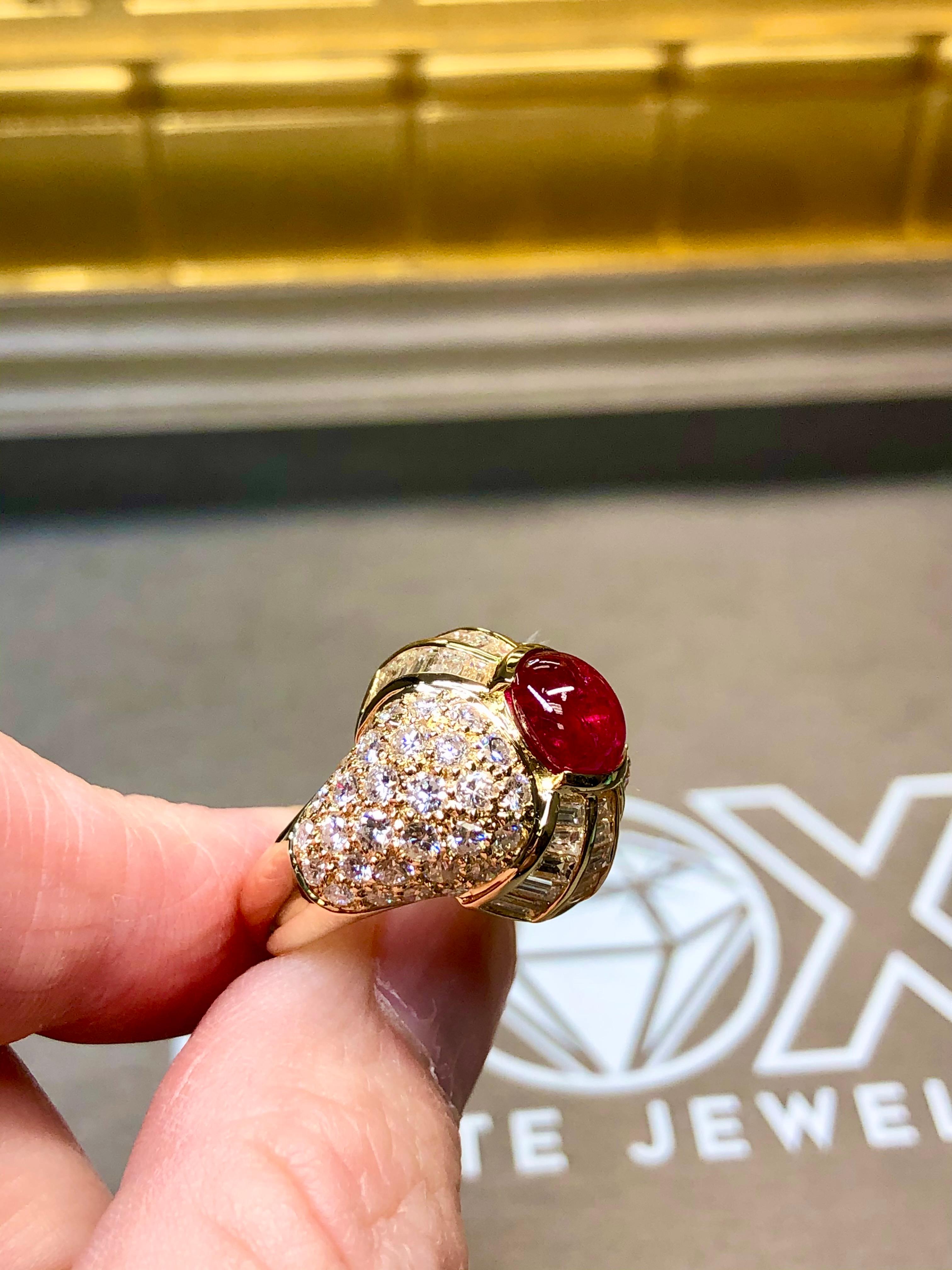 Estate Regal 18K Cabochon Ruby Baguette Round Diamond Cocktail Ring 8.50ctw For Sale 4