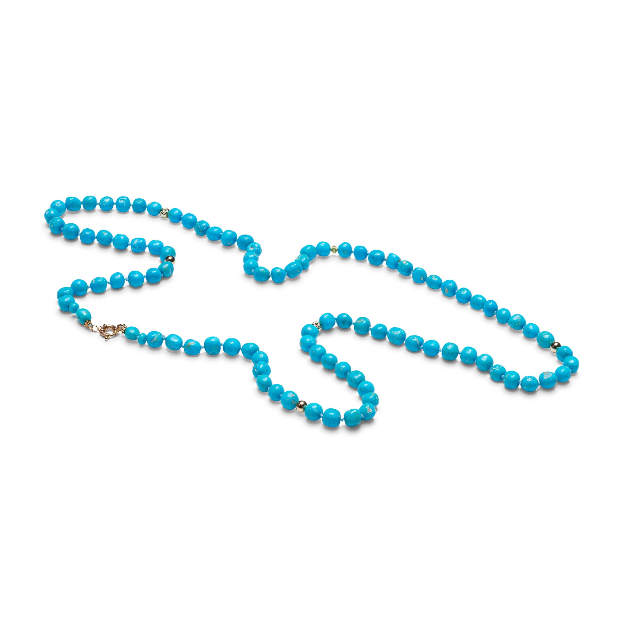 A regal length sky blue Sleeping Beauty Turquoise Necklace. Fully consisting off genuine turquoises, delicately strung together with solid 14k gold beads, creating an elegant look.
You can wear this long or wrapped twice around your neck. The