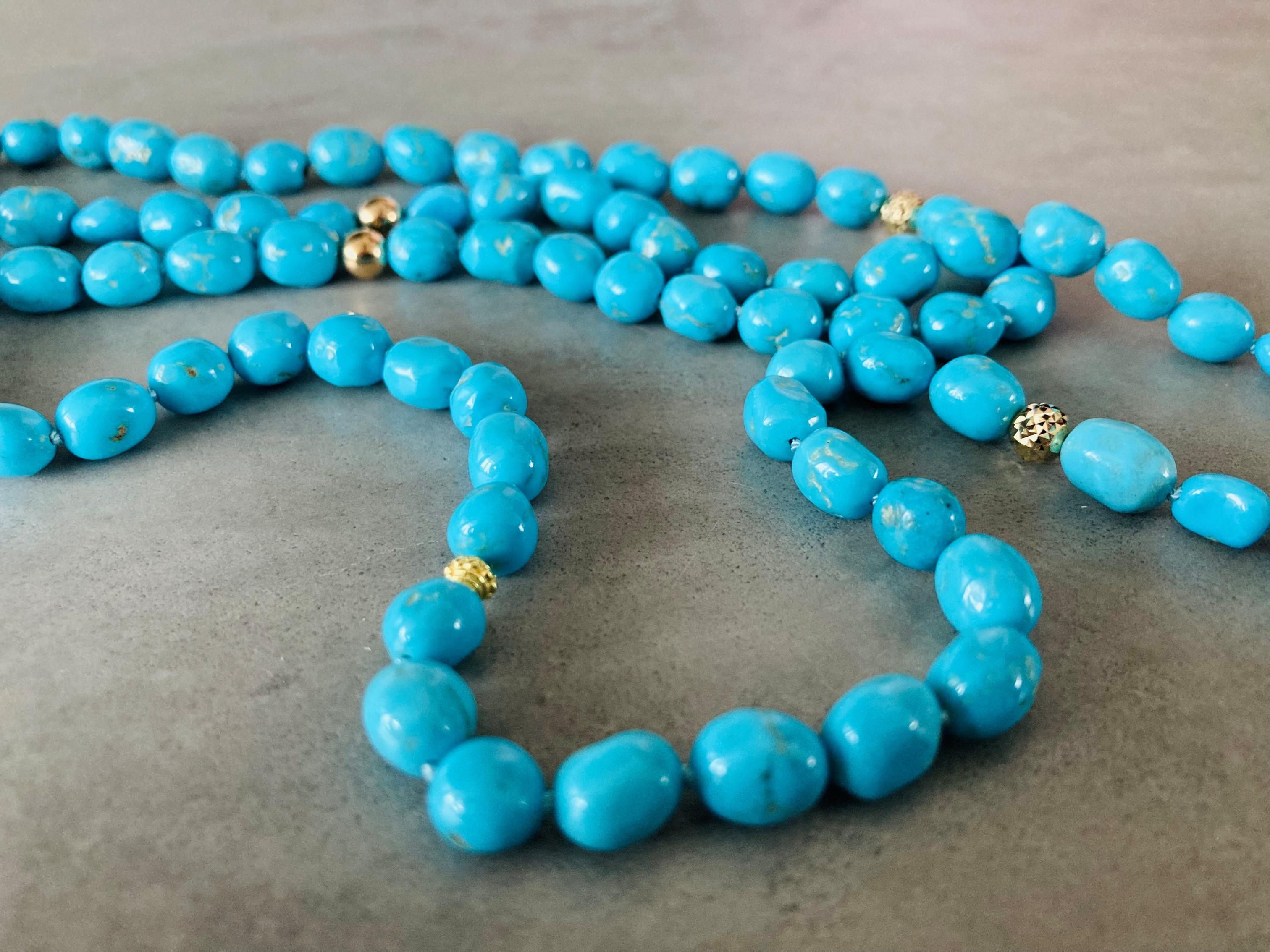 Mixed Cut Estate Regal Length Sleeping Beauty Turquoise Yellow Gold Necklace For Sale