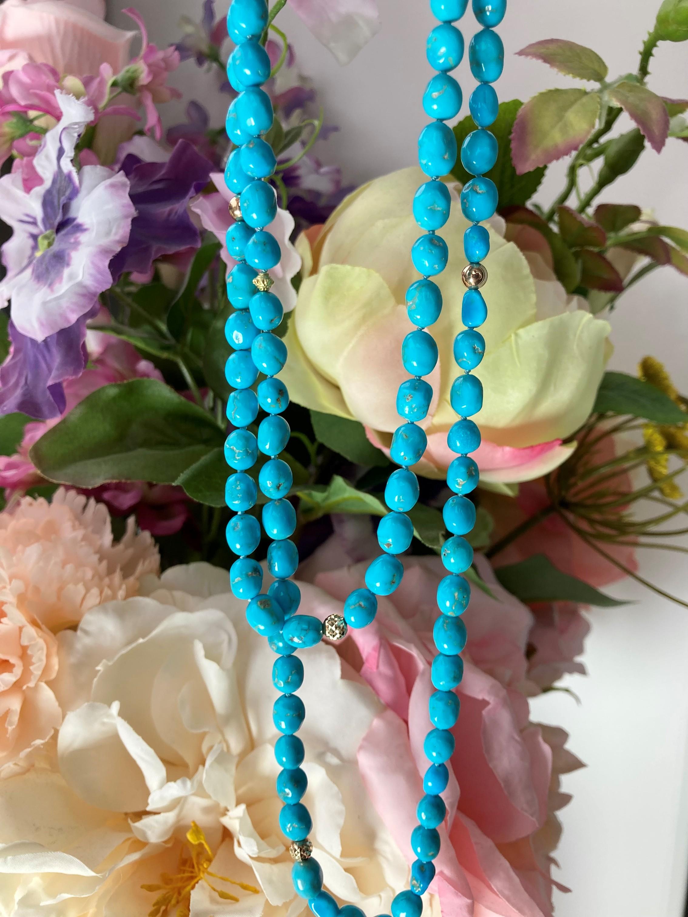 Estate Regal Length Sleeping Beauty Turquoise Yellow Gold Necklace For Sale 1