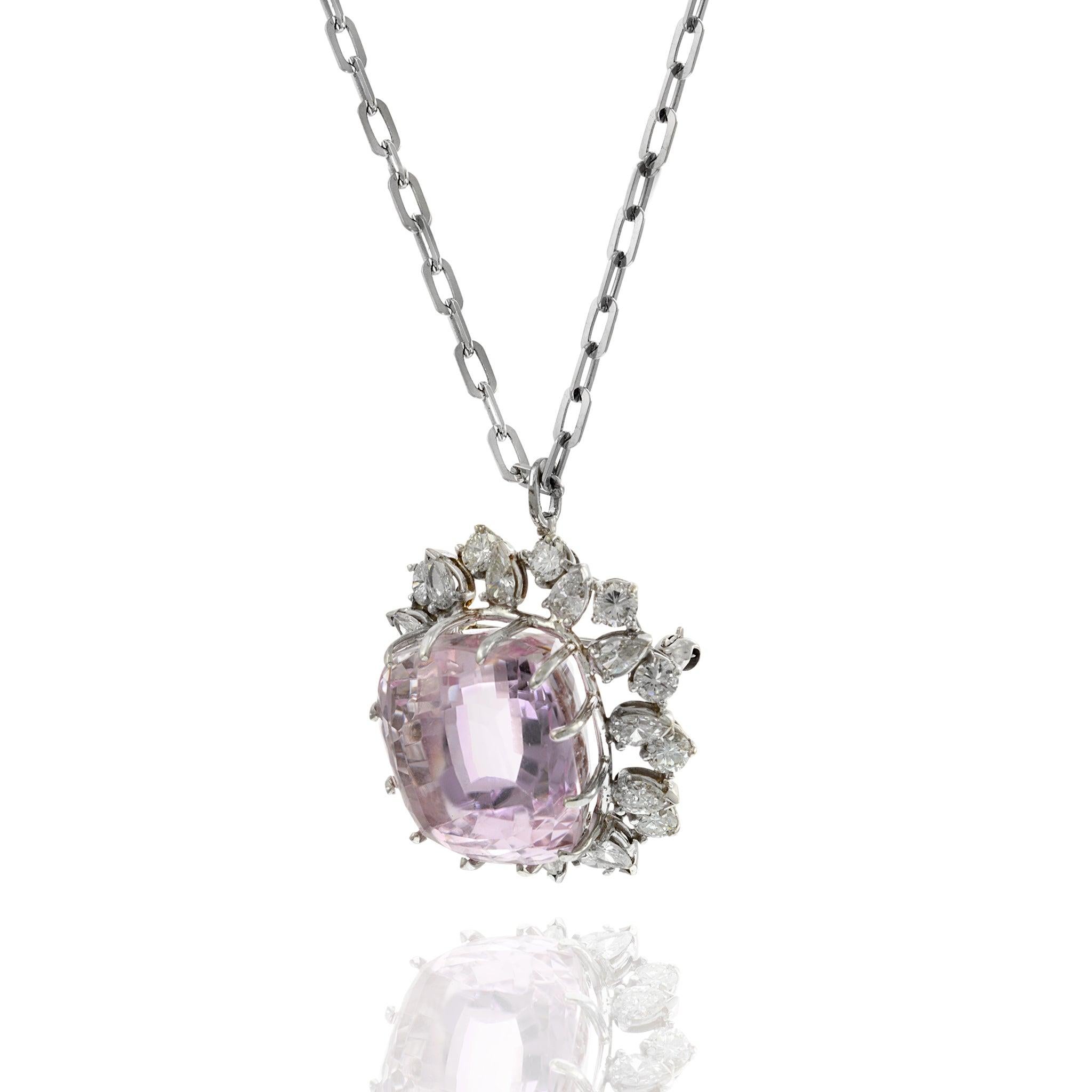 Estate Retro 14KT White Gold Kunzite and Diamond Pin/Pendant For Sale 6