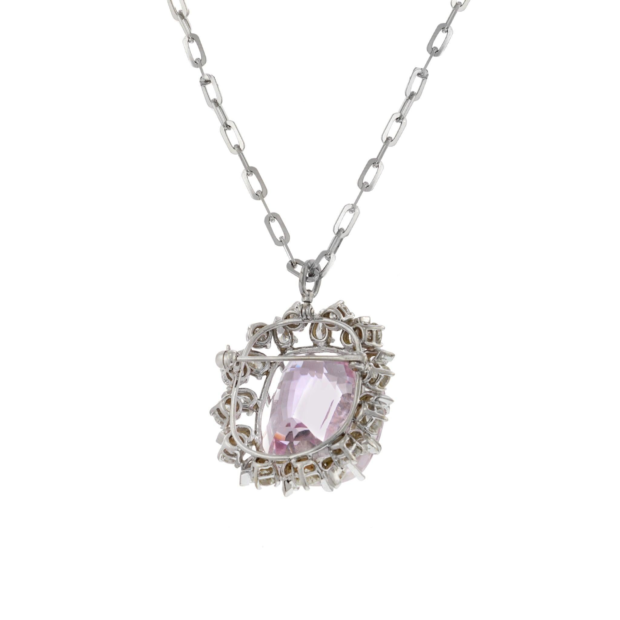 Estate Retro 14KT White Gold Kunzite and Diamond Pin/Pendant For Sale 8