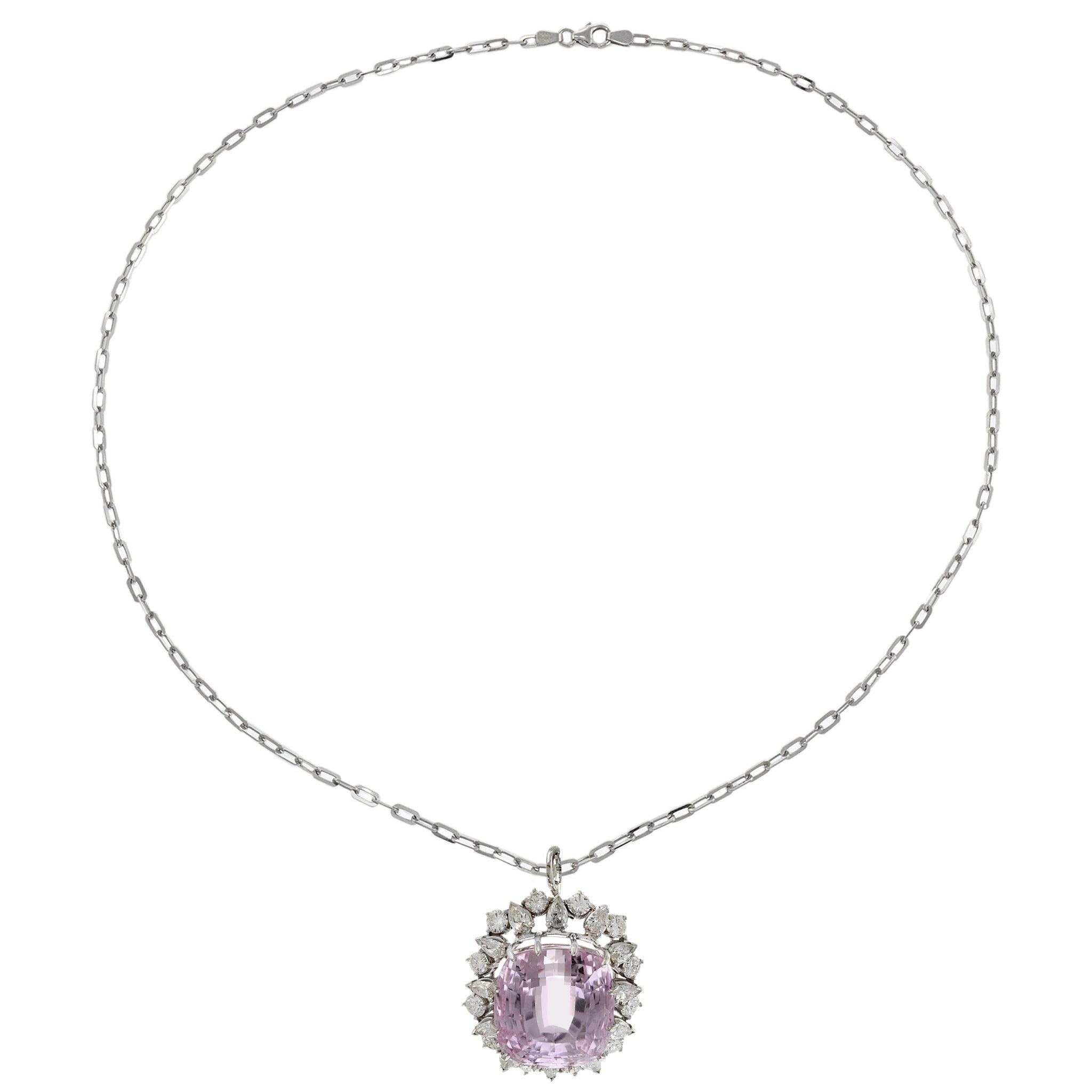 Round Cut Estate Retro 14KT White Gold Kunzite and Diamond Pin/Pendant For Sale
