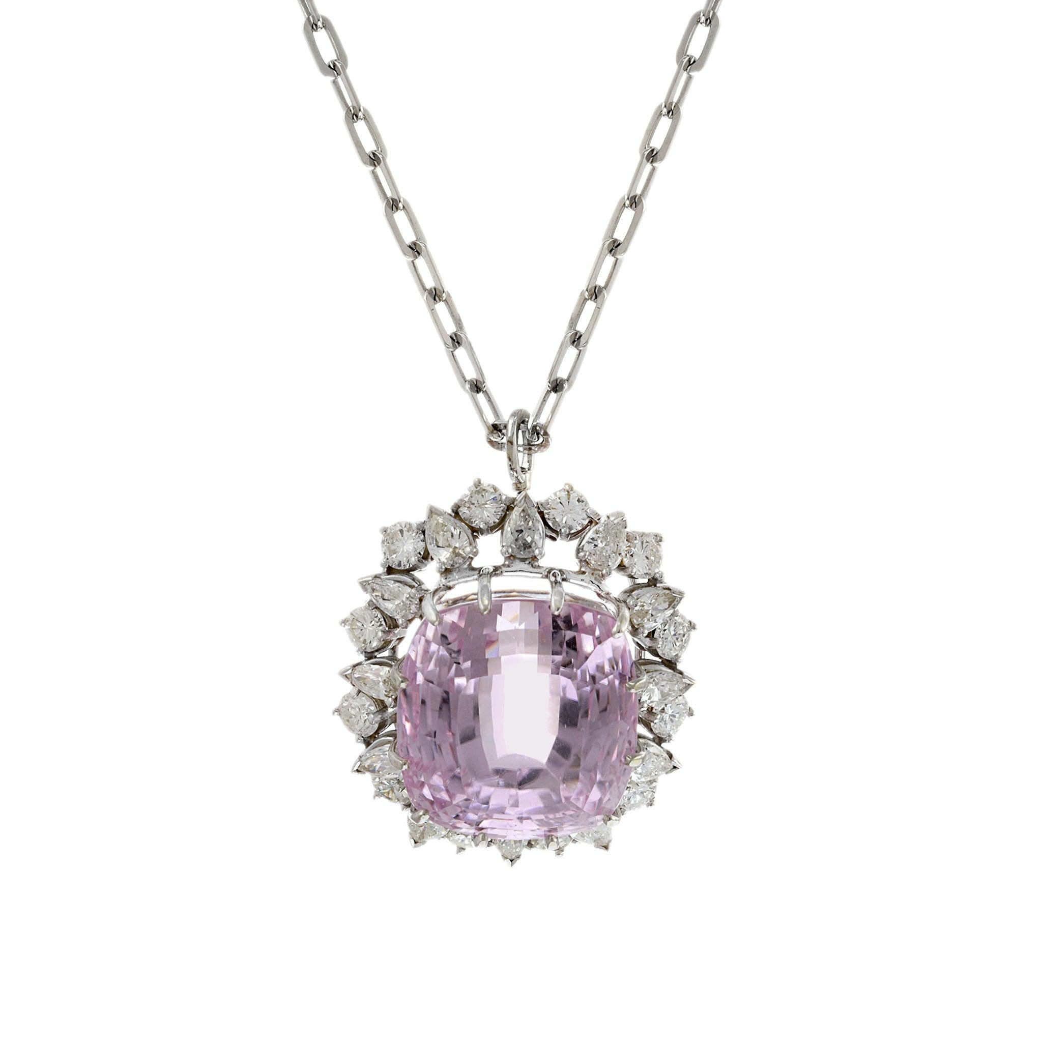 Estate Retro 14KT White Gold Kunzite and Diamond Pin/Pendant In Excellent Condition For Sale In New York, NY