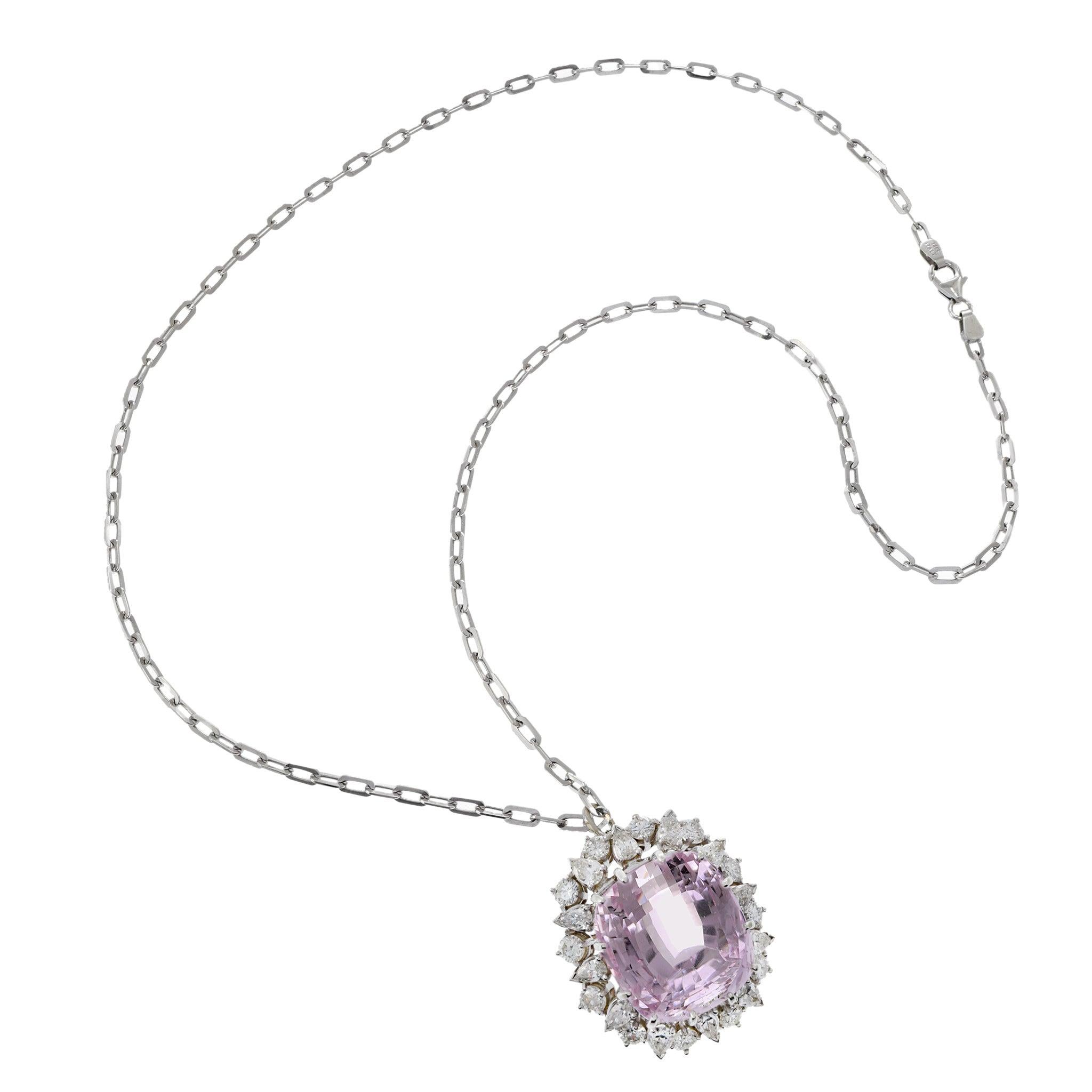 Estate Retro 14KT White Gold Kunzite and Diamond Pin/Pendant For Sale 1