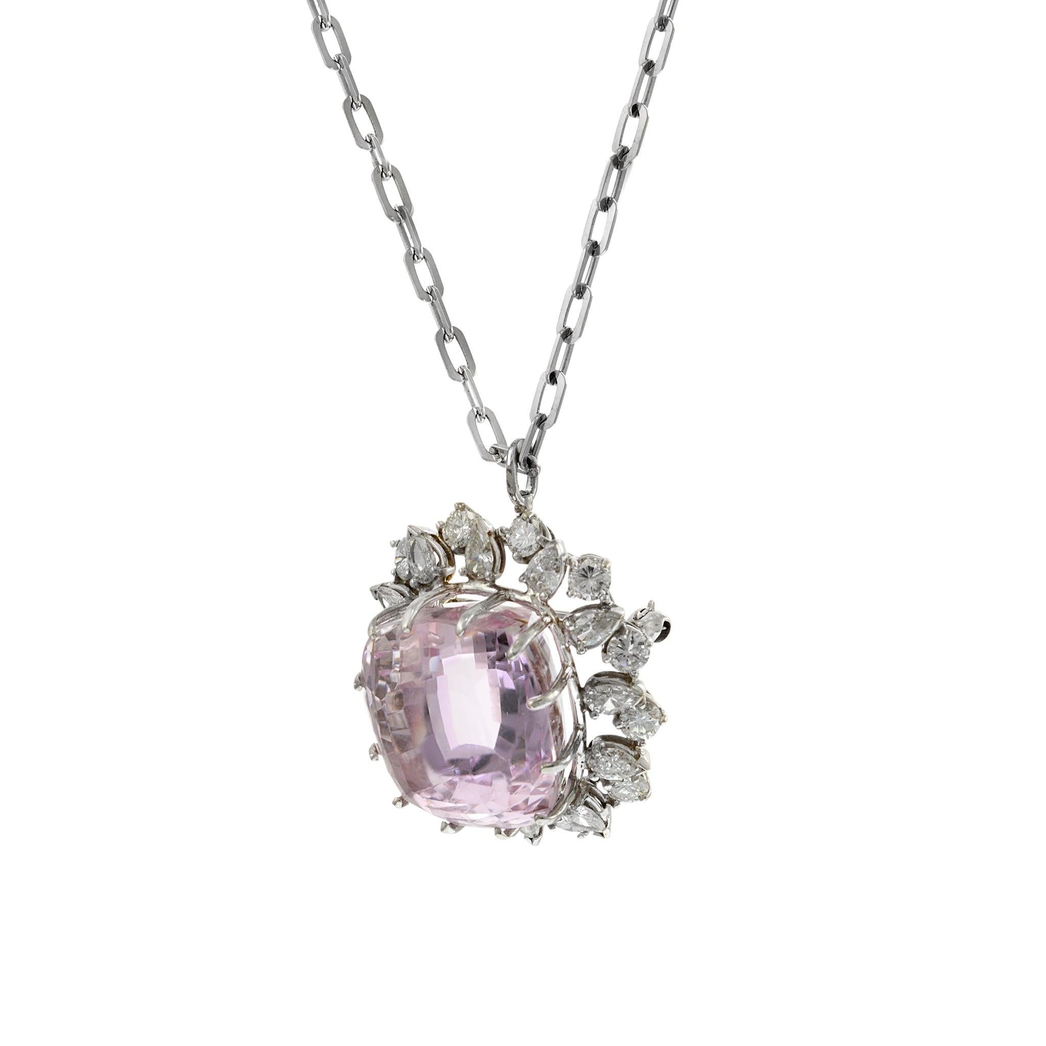 Estate Retro 14KT White Gold Kunzite and Diamond Pin/Pendant For Sale 4