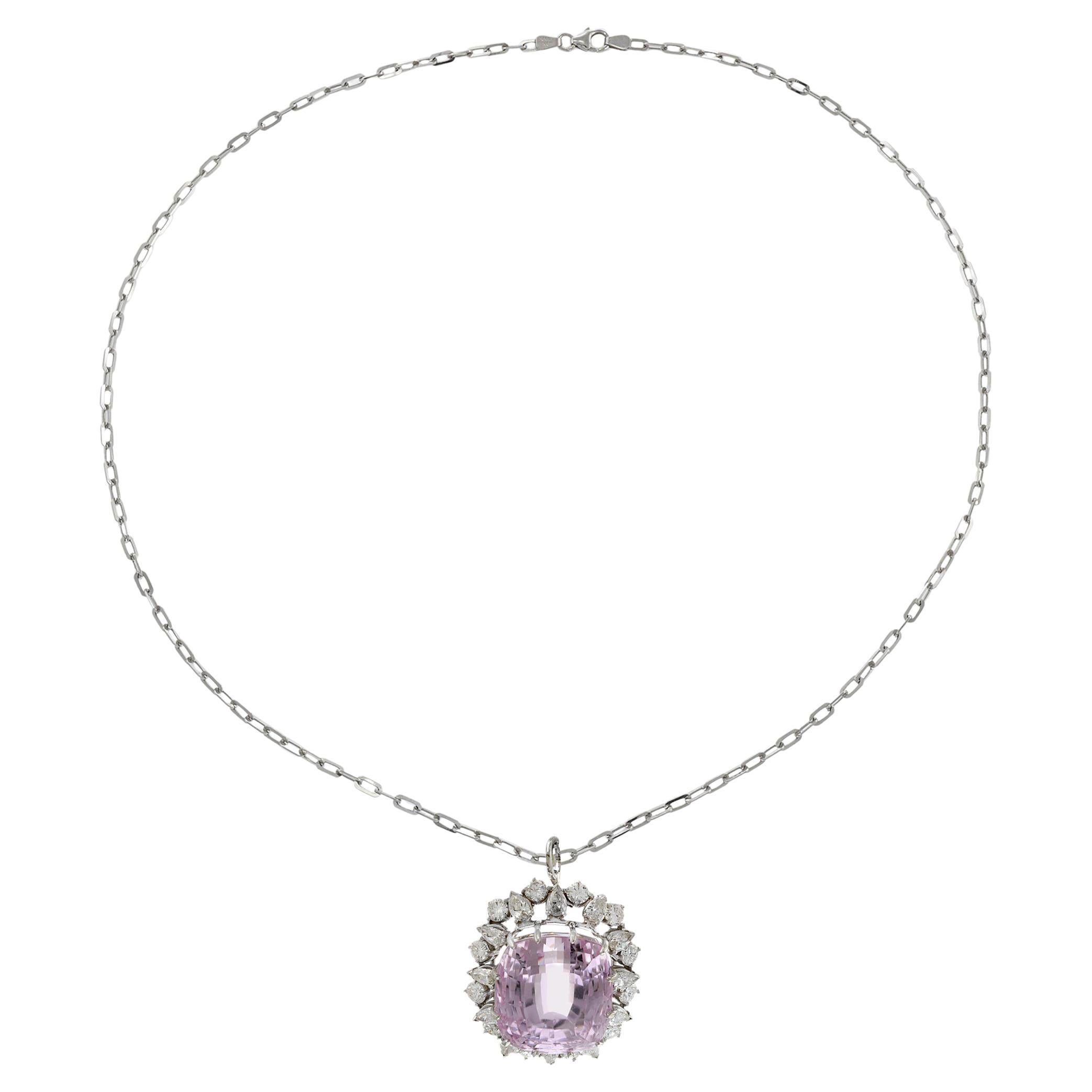Estate Retro 14KT White Gold Kunzite and Diamond Pin/Pendant For Sale