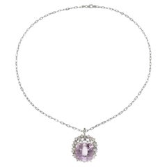 Spilla/pendente Estate Retro in oro bianco 14KT con Kunzite e Diamanti