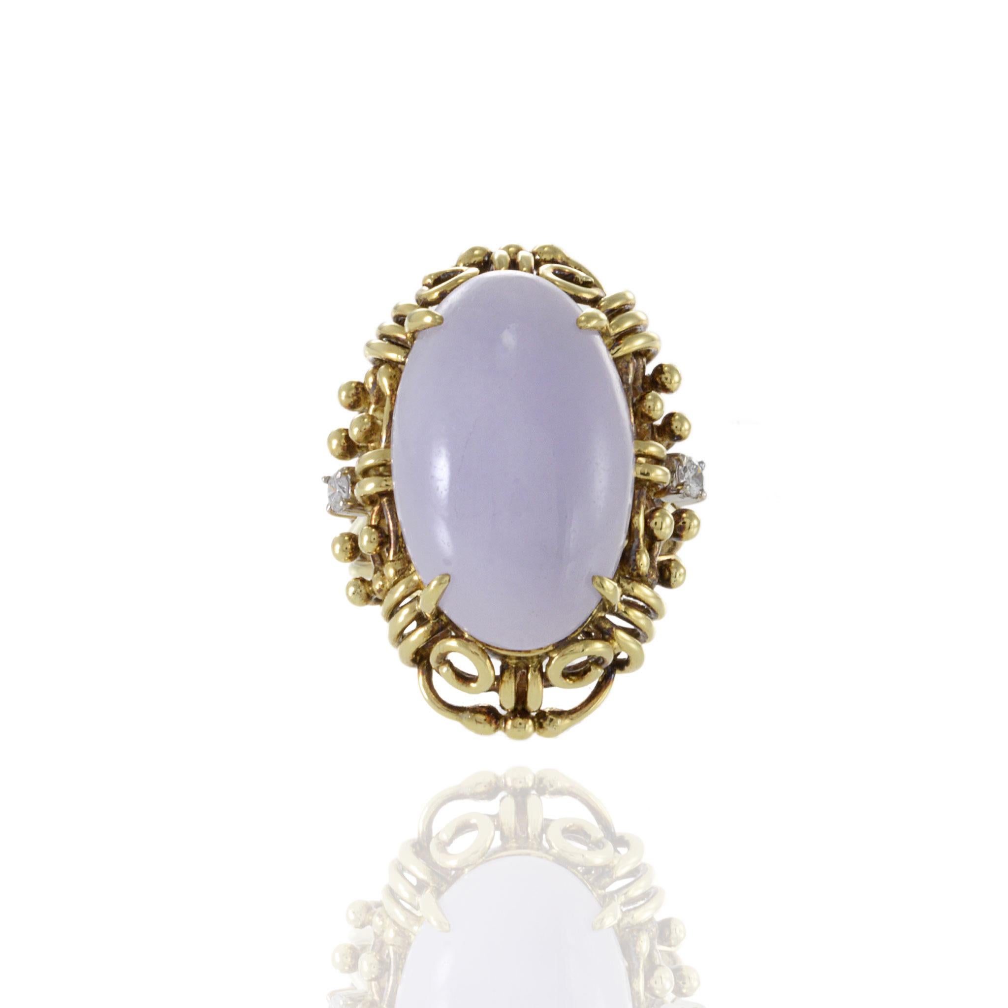 Oval Cut Estate Retro 14KT Yellow Gold Genuine Oval Lavender Jade And Diamond Ring For Sale