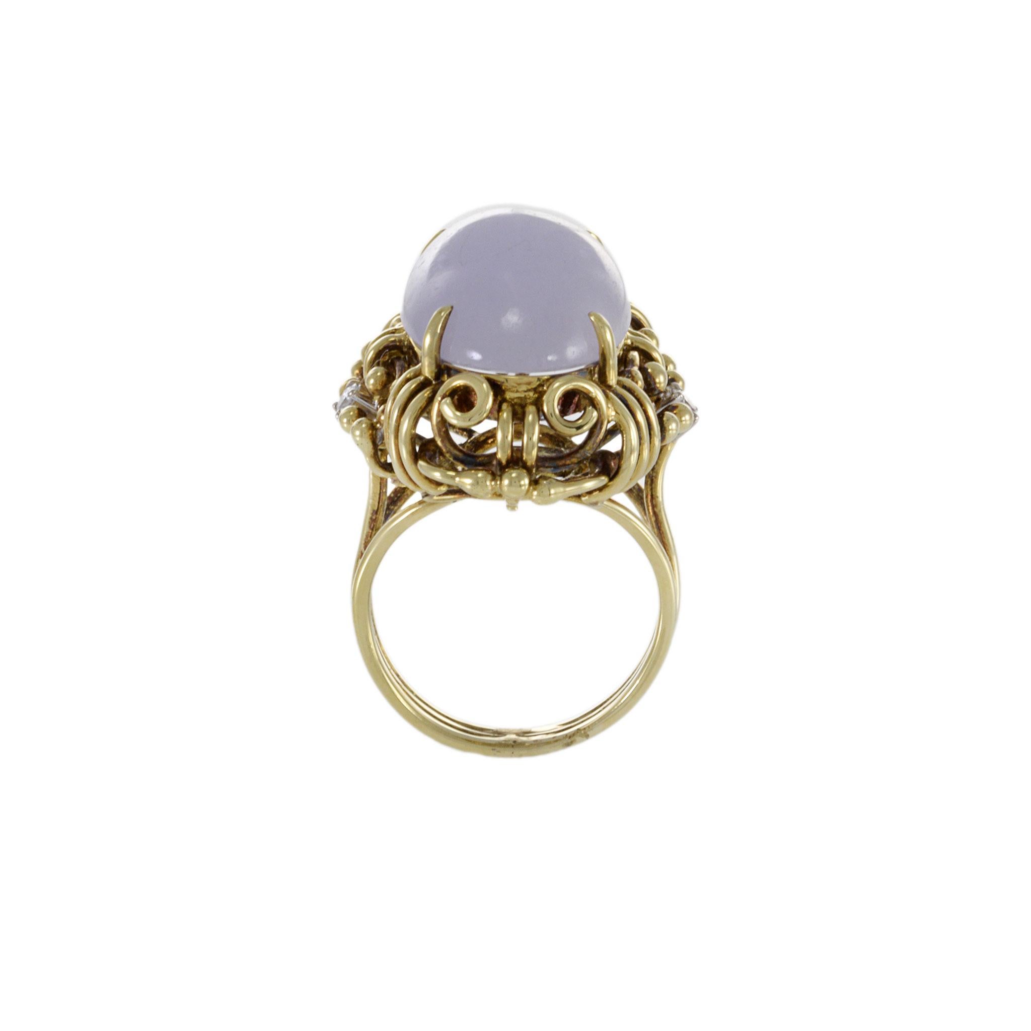 Estate Retro 14KT Yellow Gold Genuine Oval Lavender Jade And Diamond Ring For Sale 1