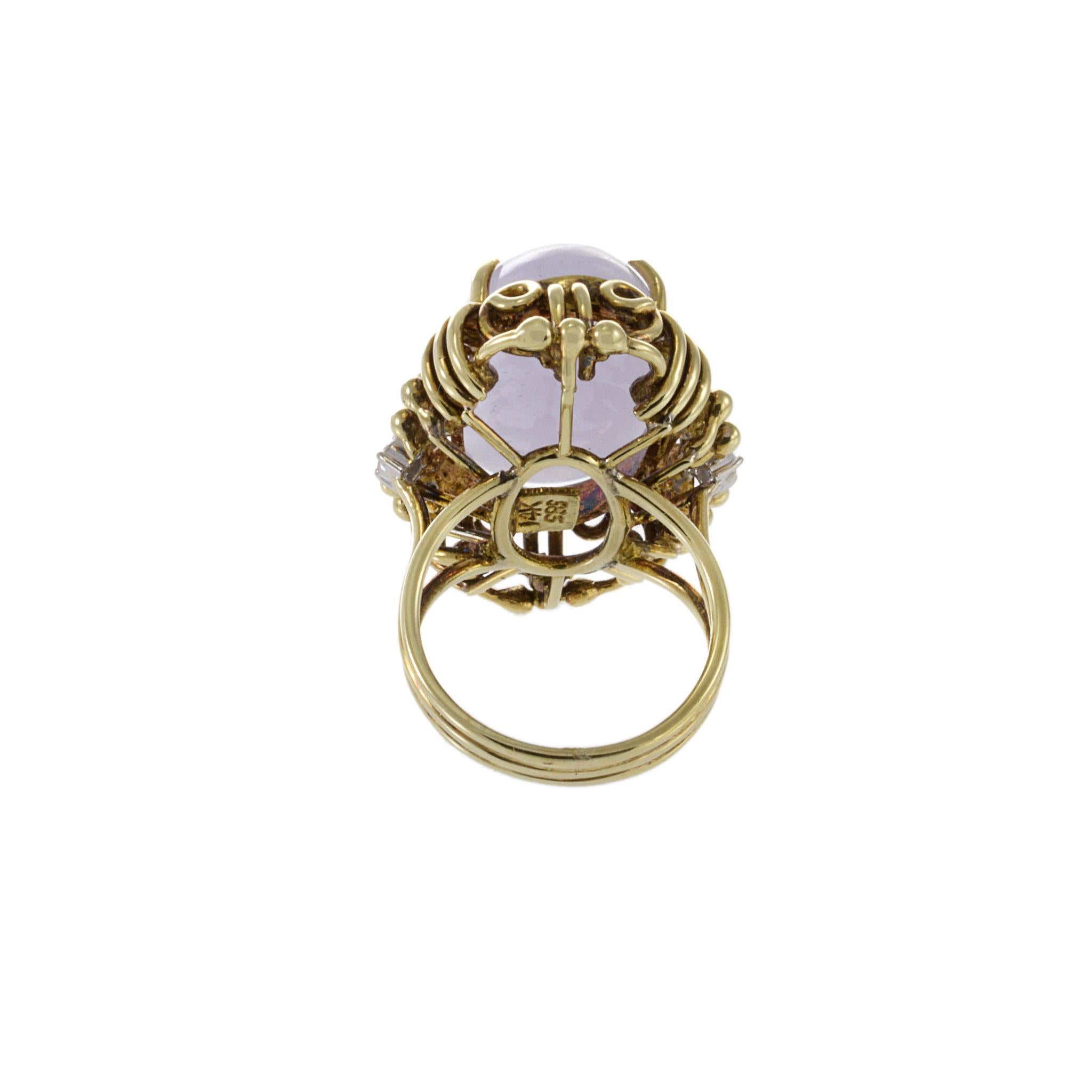 Estate Retro 14KT Yellow Gold Genuine Oval Lavender Jade And Diamond Ring For Sale 4