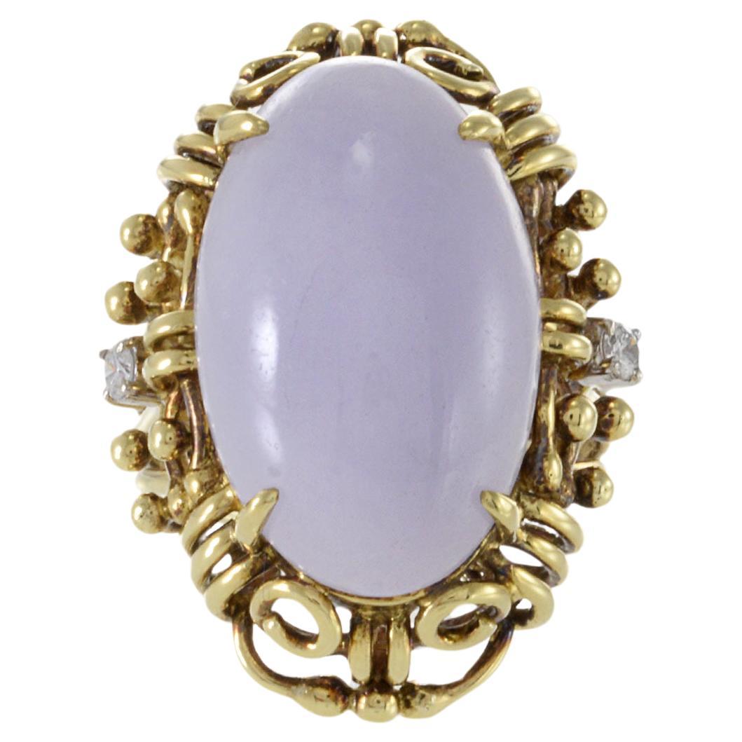 Estate Retro 14KT Yellow Gold Genuine Oval Lavender Jade And Diamond Ring