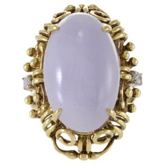 Estate Retro 14KT Yellow Gold Genuine Oval Lavender Jade And Diamond Ring