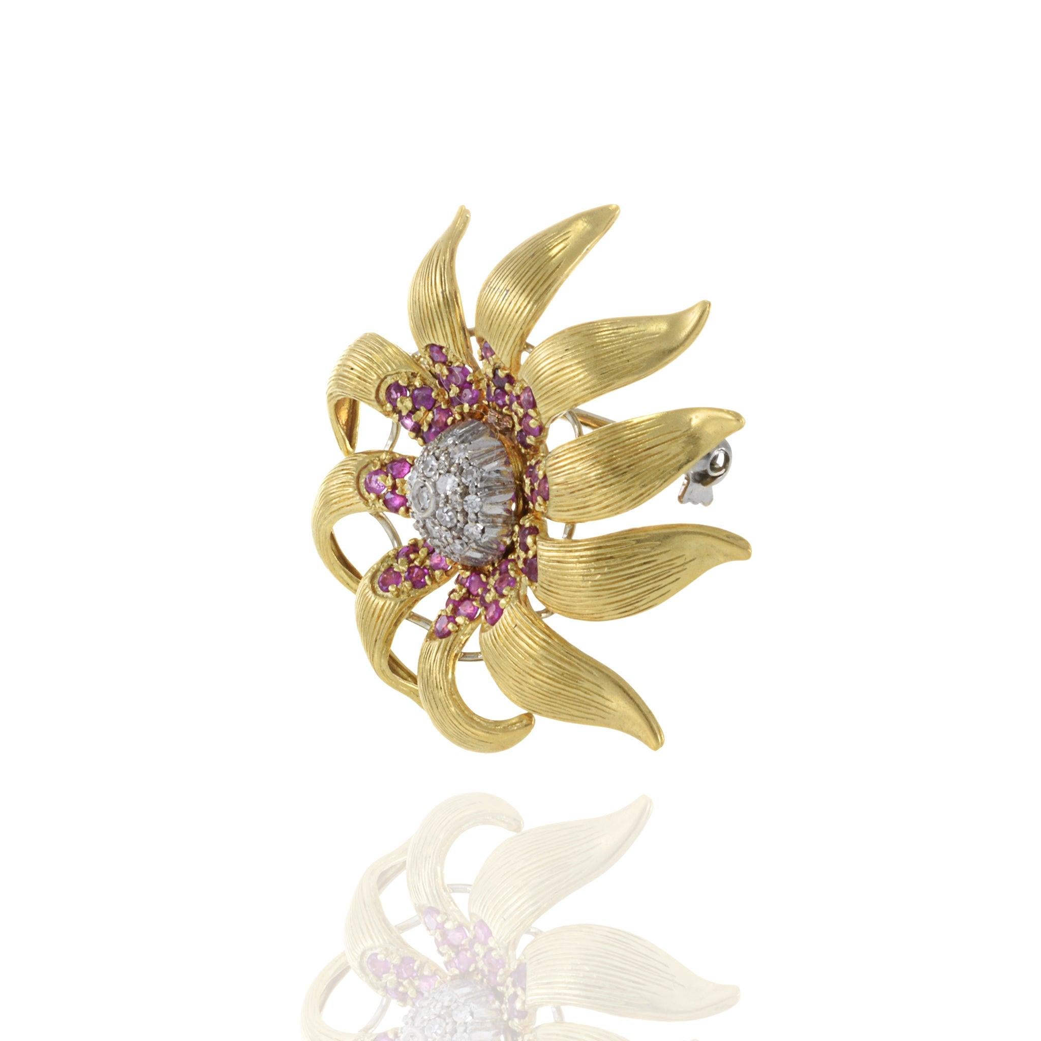 Round Cut Estate Retro 18KT Yellow Gold Ruby And Diamond Flower Pin For Sale