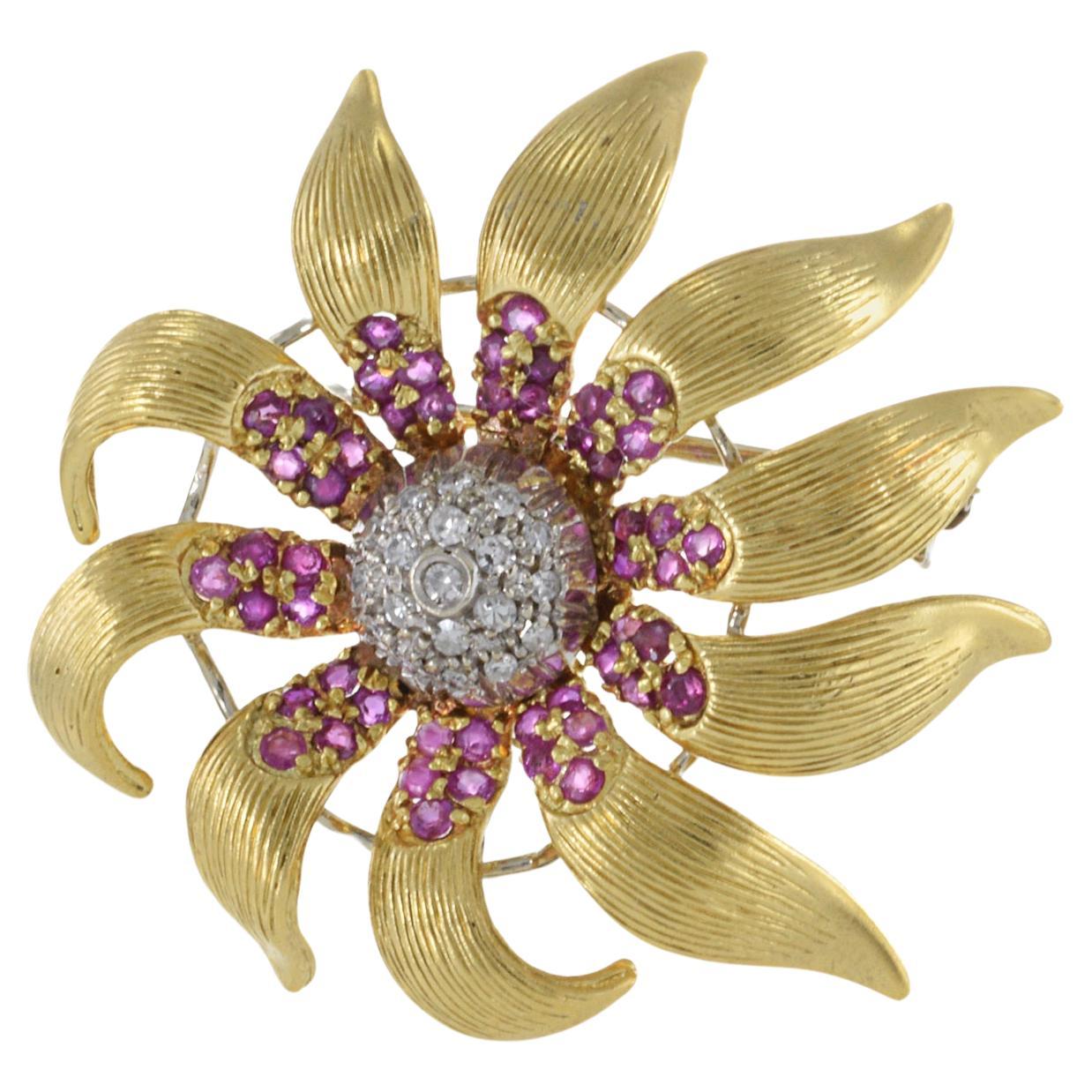 Estate Retro 18KT Yellow Gold Ruby And Diamond Flower Pin For Sale