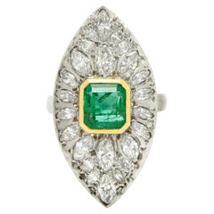 Estate Retro 2 Carat Emerald Diamond Cocktail Ring Marquise Cluster Navette