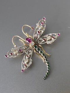 Estate Retro 2.75 cttw 14k Gold Dragonfly Ruby, Emerald & Diamond Brooch Pin