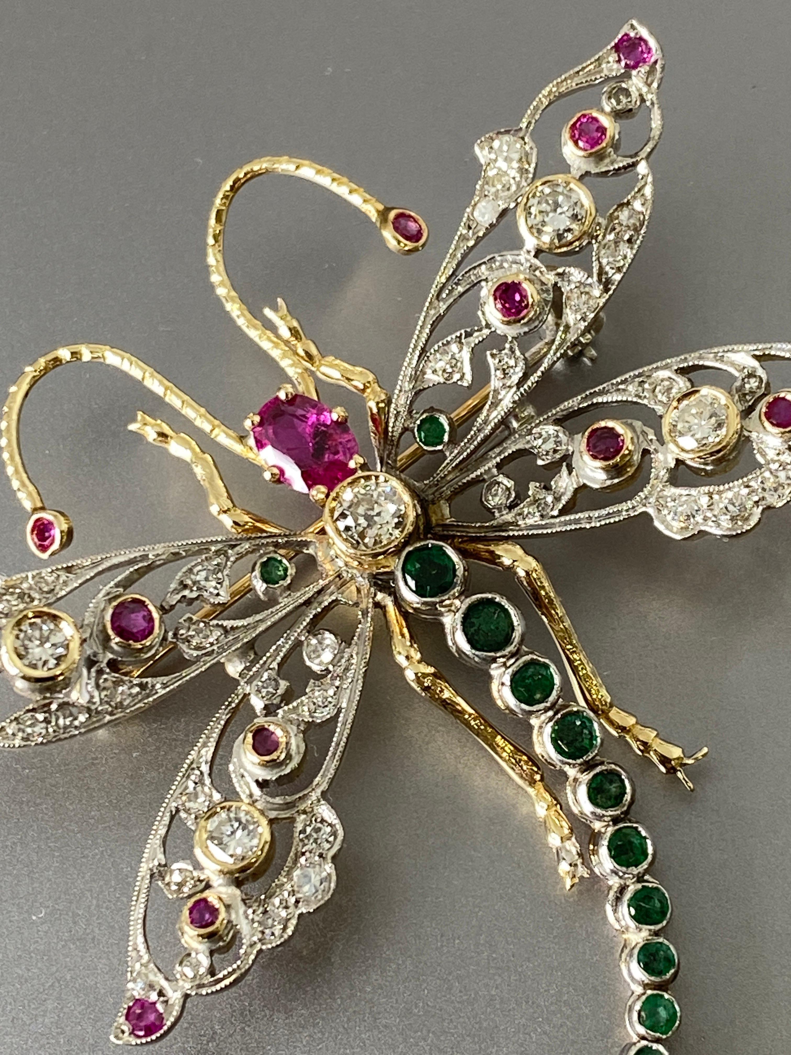 Brilliant Cut Estate Retro 2.75 cttw 14k Gold Dragonfly Ruby, Emerald & Diamond Brooch Pin For Sale