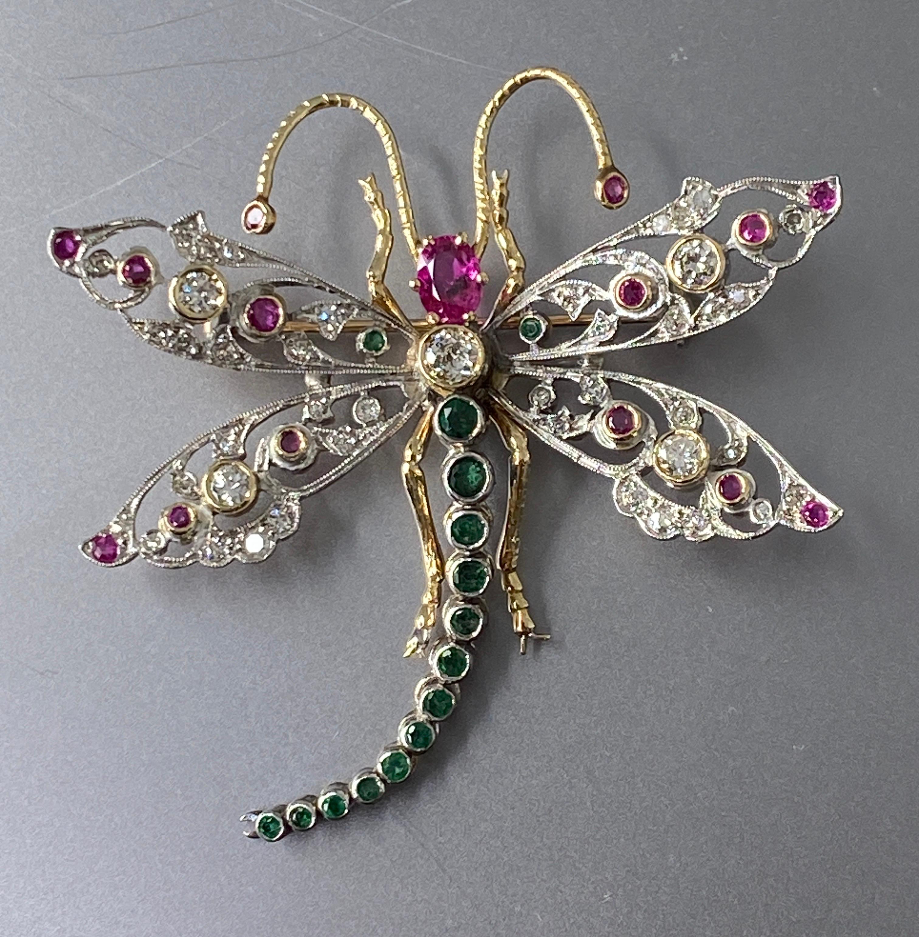 Women's or Men's Estate Retro 2.75 cttw 14k Gold Dragonfly Ruby, Emerald & Diamond Brooch Pin For Sale