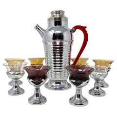 Estate Retro Cocktail Shaker with 8 Glasses in Purple, Amber & Clear, Circa 1950