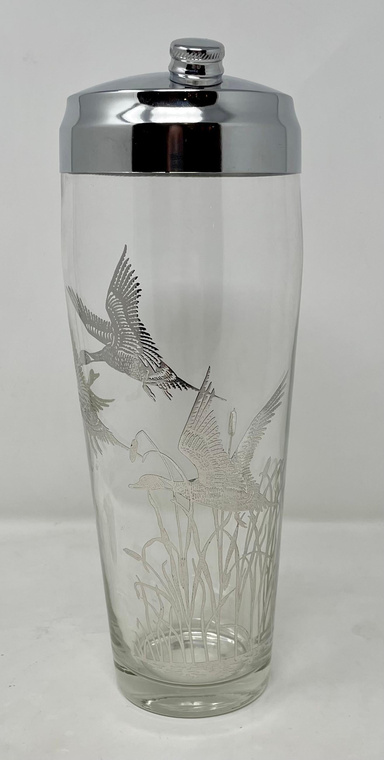Estate retro cut crystal & silver overlay cocktail shaker with birds flying over cattails, circa 1950s.