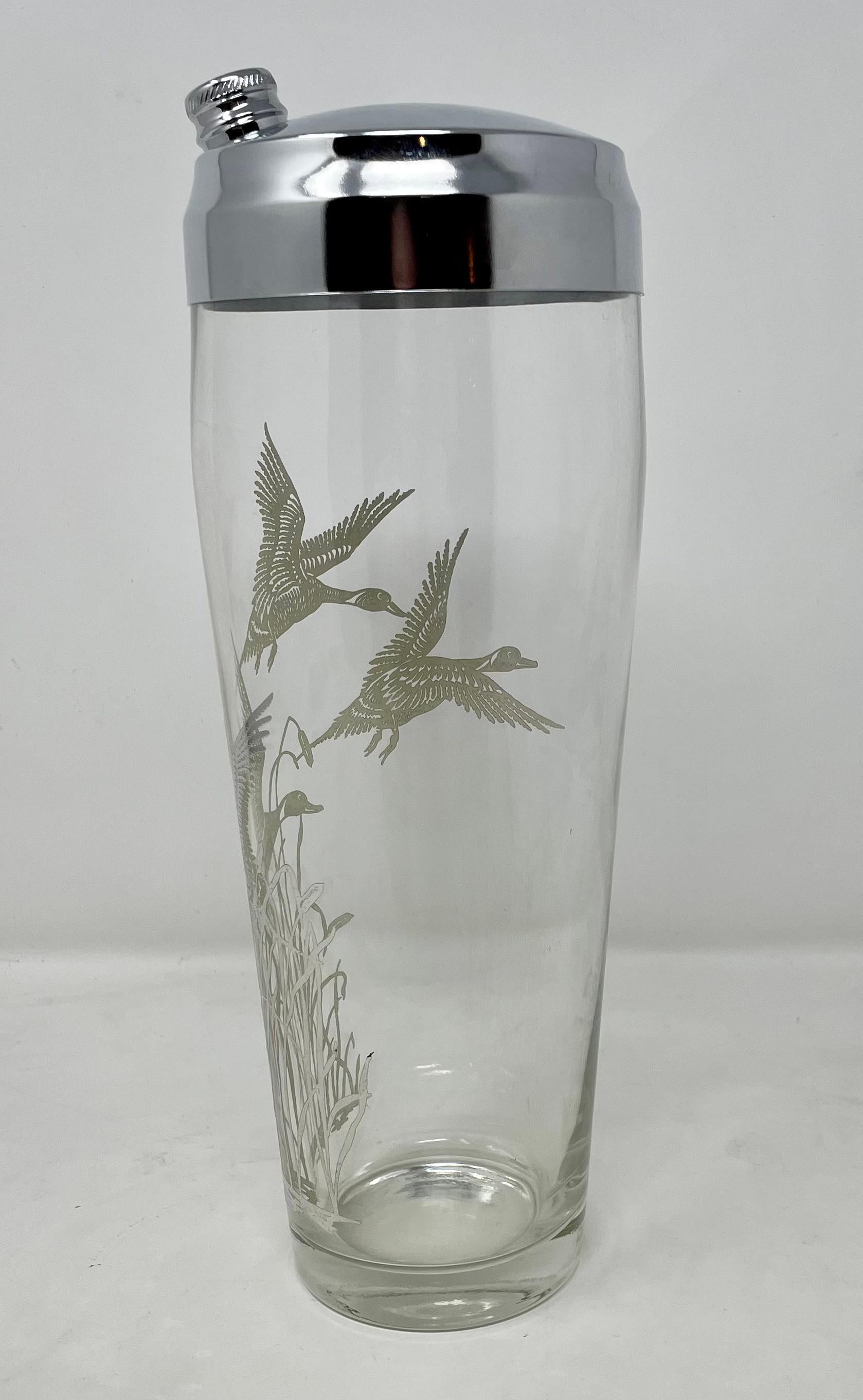 Estate Retro Cut Crystal & Silver Overlay Cocktail Shaker with Birds, circa 1950 In Good Condition In New Orleans, LA