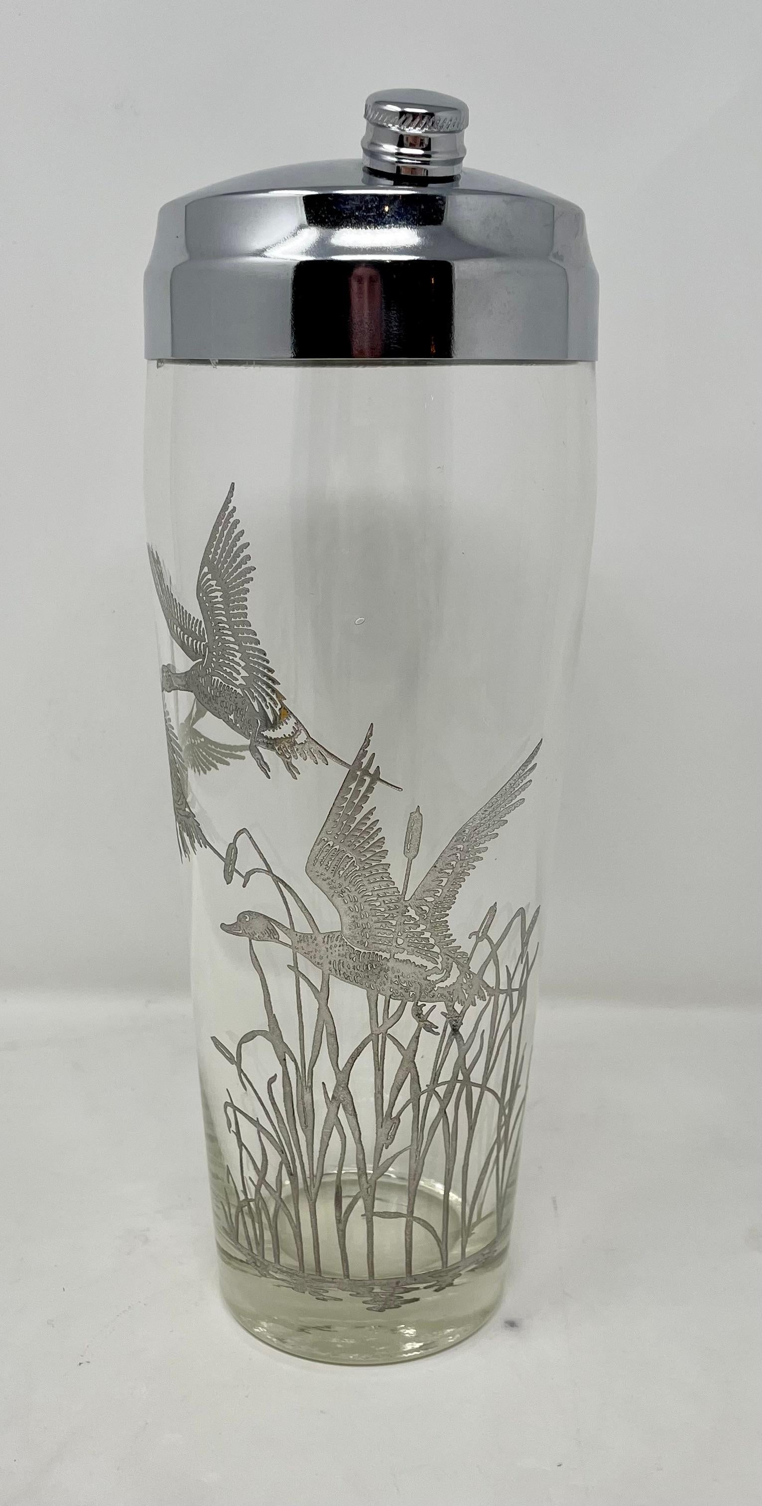Estate Retro cut crystal & silver overlay cocktail shaker with ducks, circa 1950s.