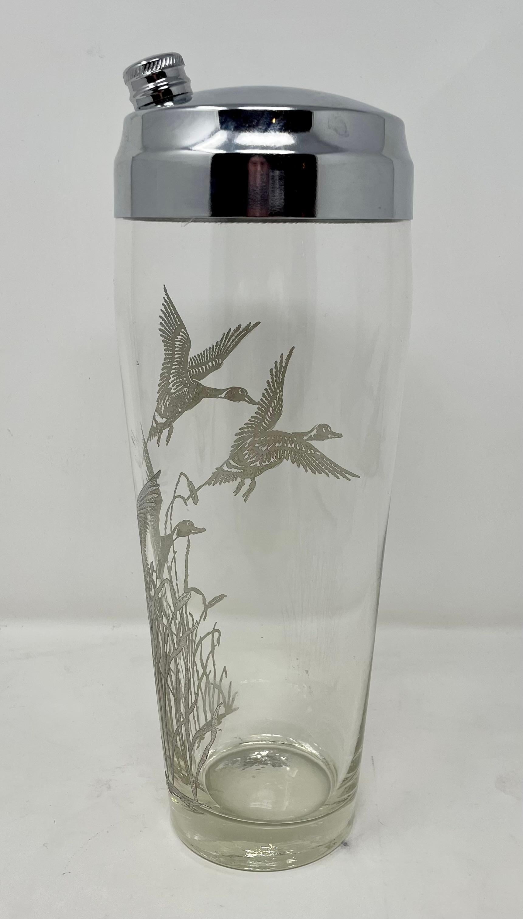 Estate Retro Cut Crystal & Silver Overlay Cocktail Shaker with Ducks, circa 1950 In Good Condition In New Orleans, LA