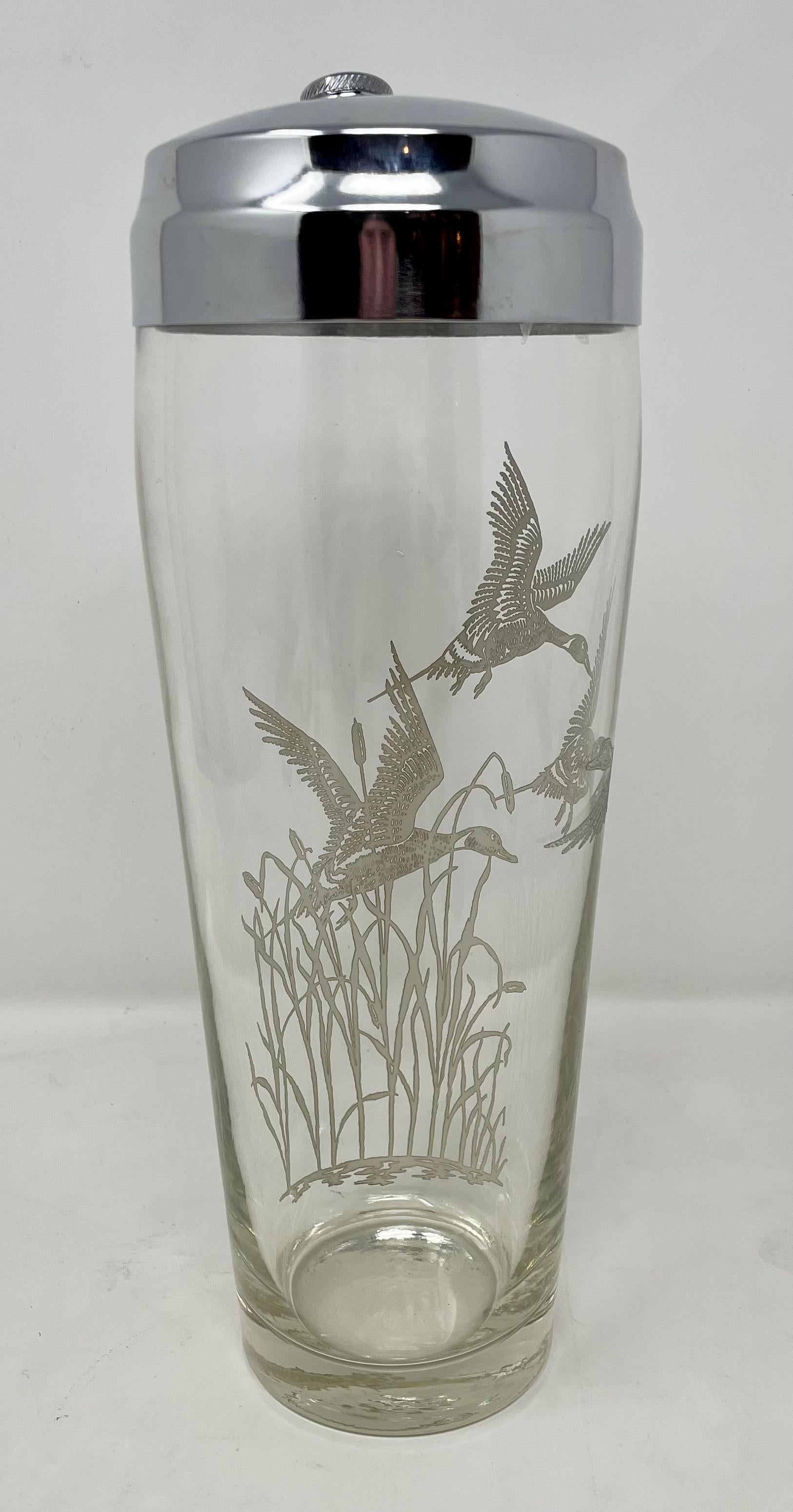 20th Century Estate Retro Cut Crystal & Silver Overlay Cocktail Shaker with Ducks, circa 1950
