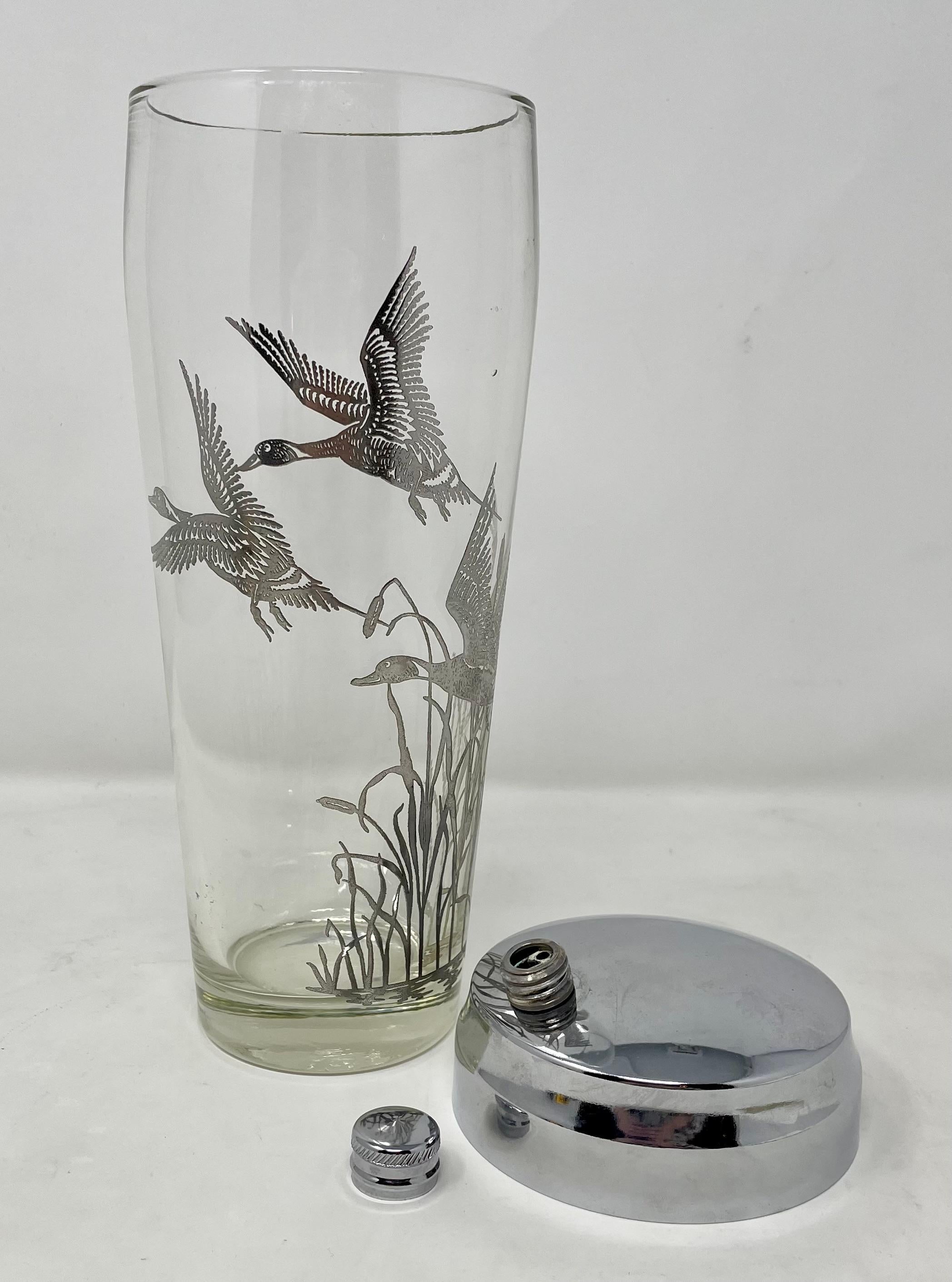 Estate Retro Cut Crystal & Silver Overlay Cocktail Shaker with Ducks, circa 1950 1