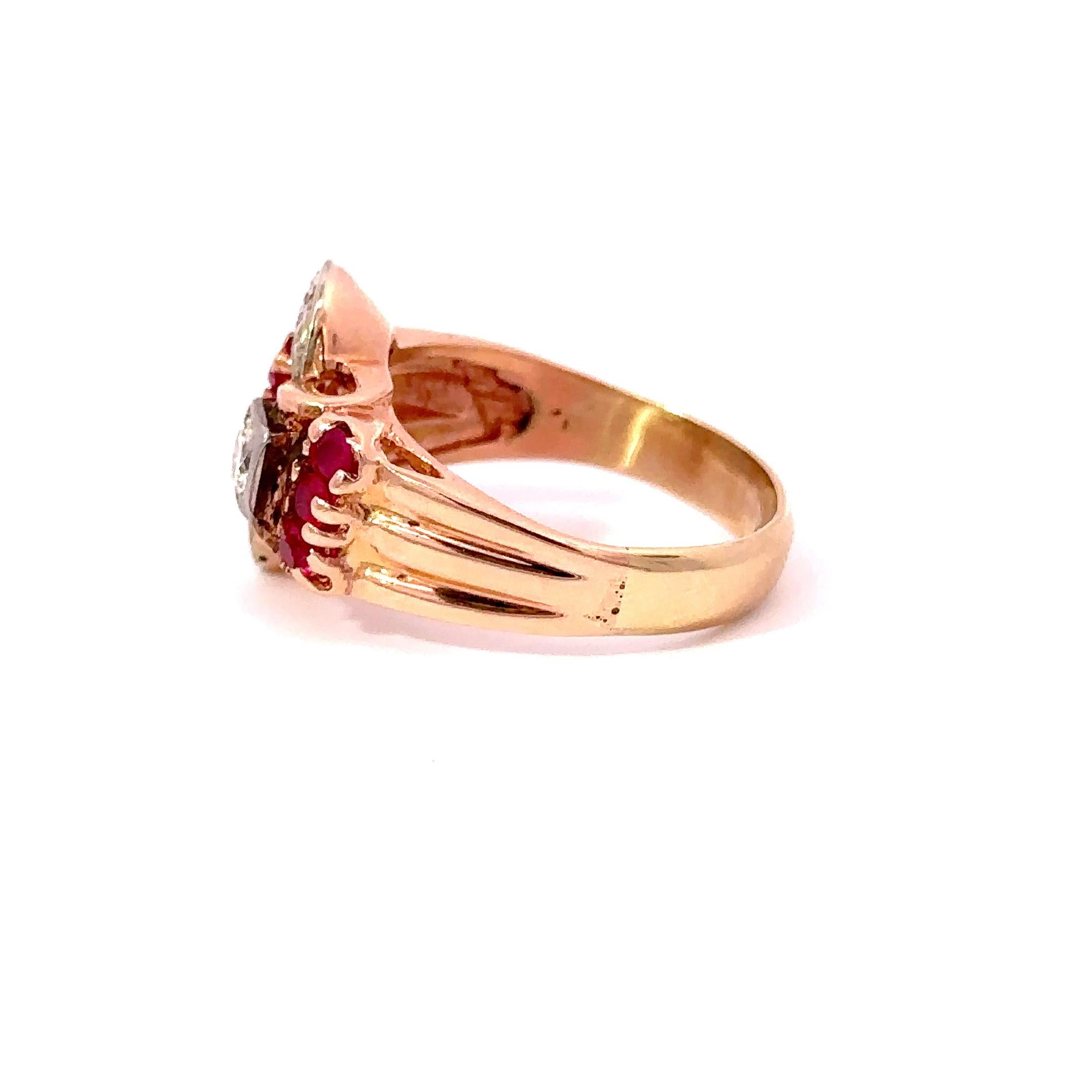 Round Cut Estate Retro Era 14KT Rose Gold Ruby And Diamond Ring For Sale