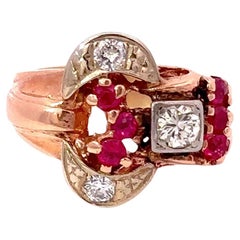 Bague d'époque rétro en or rose 14 carats, rubis et diamants