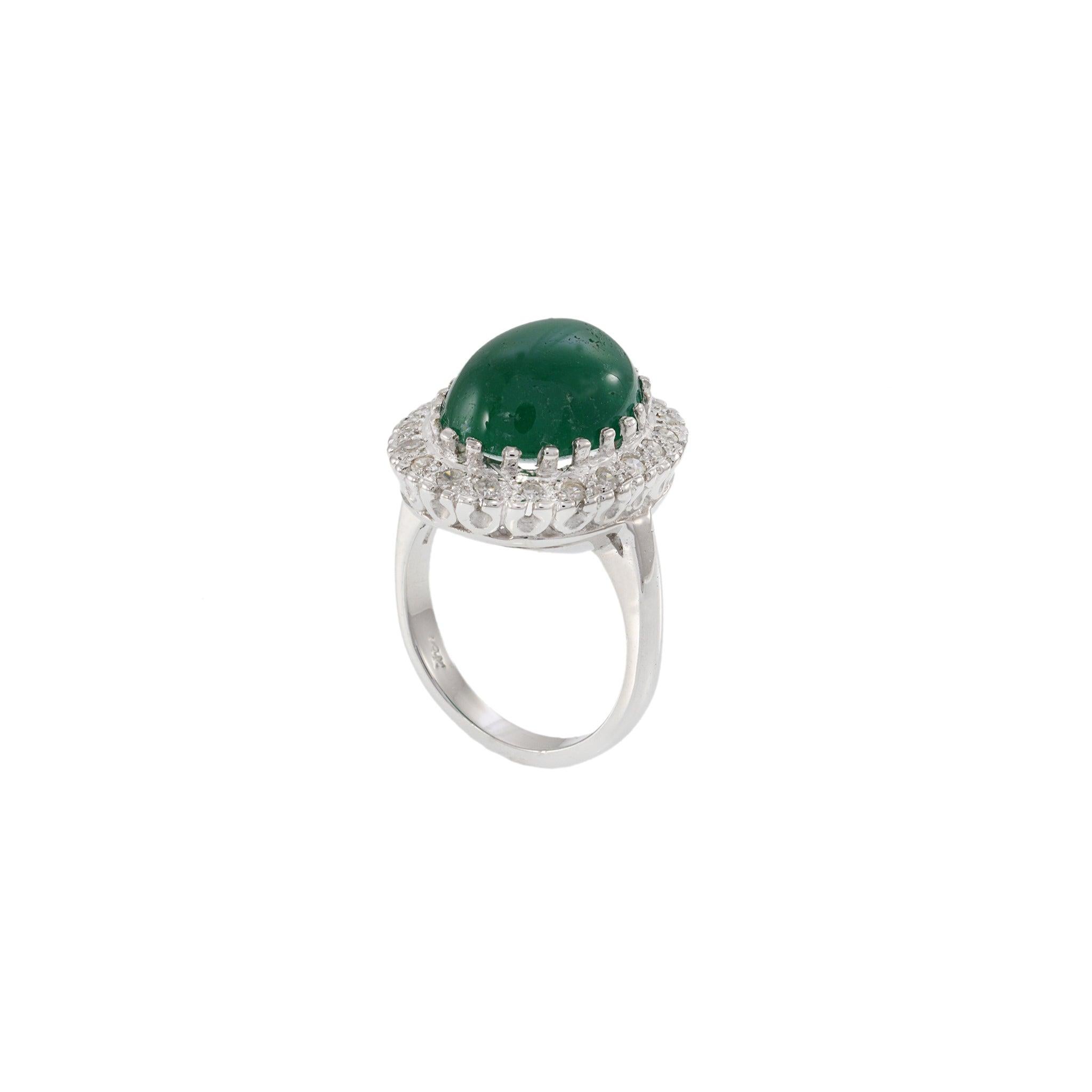 Estate Retro Era 14KT White Gold Genuine 8.19CT Cabochon Emerald and Diamond Rin In Excellent Condition For Sale In New York, NY
