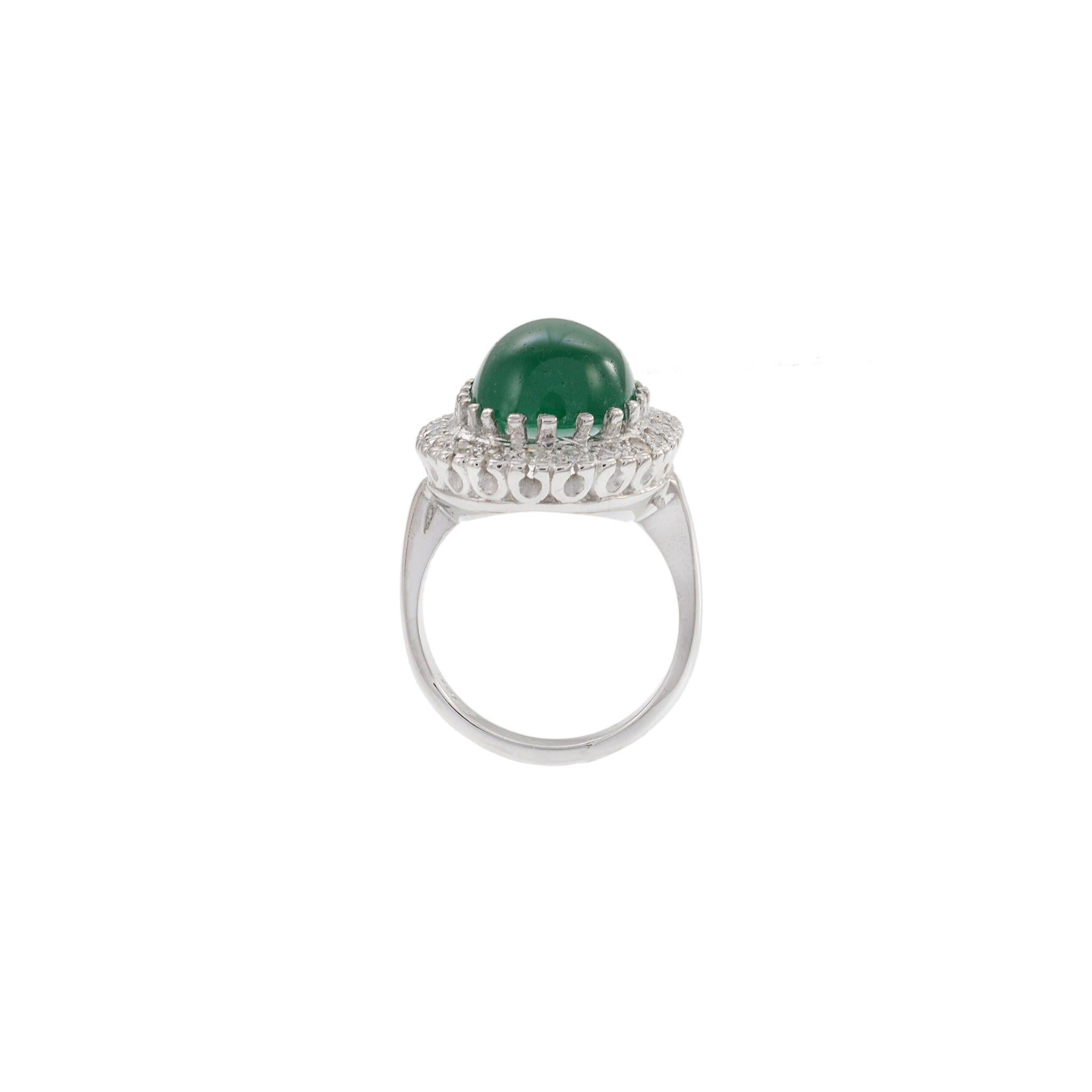 Estate Retro Era 14KT White Gold Genuine 8.19CT Cabochon Emerald and Diamond Rin For Sale 1