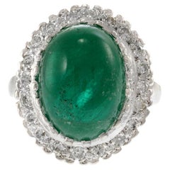 Estate Retro Era 14KT White Gold Genuine 8.19CT Cabochon Emerald and Diamond Rin