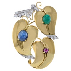 Estate Retro Era 18KT Yellow Gold Diamond, Emerald, Sapphire And Ruby Heart Broo Estate Retro Era 18KT Yellow Gold Diamond, Emerald, Sapphire And Ruby Heart Broo