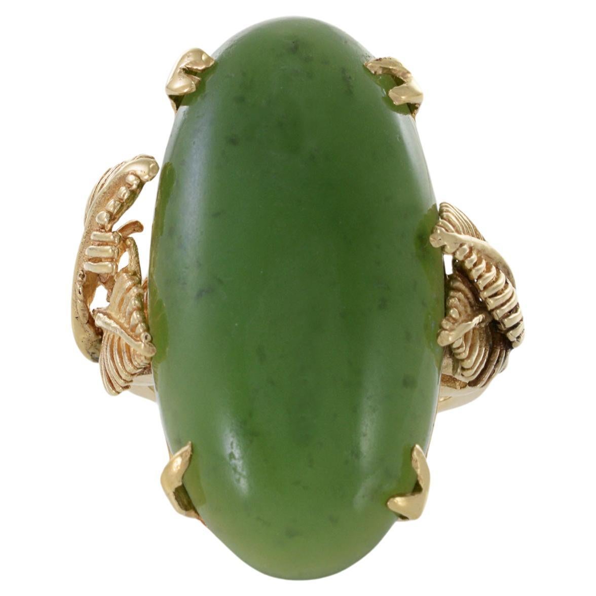 Estate Retro Era 18KT Yellow Gold Genuine Opal Jade Ring