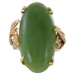 Estate Retro Era 18KT Yellow Gold Genuine Opal Jade Ring