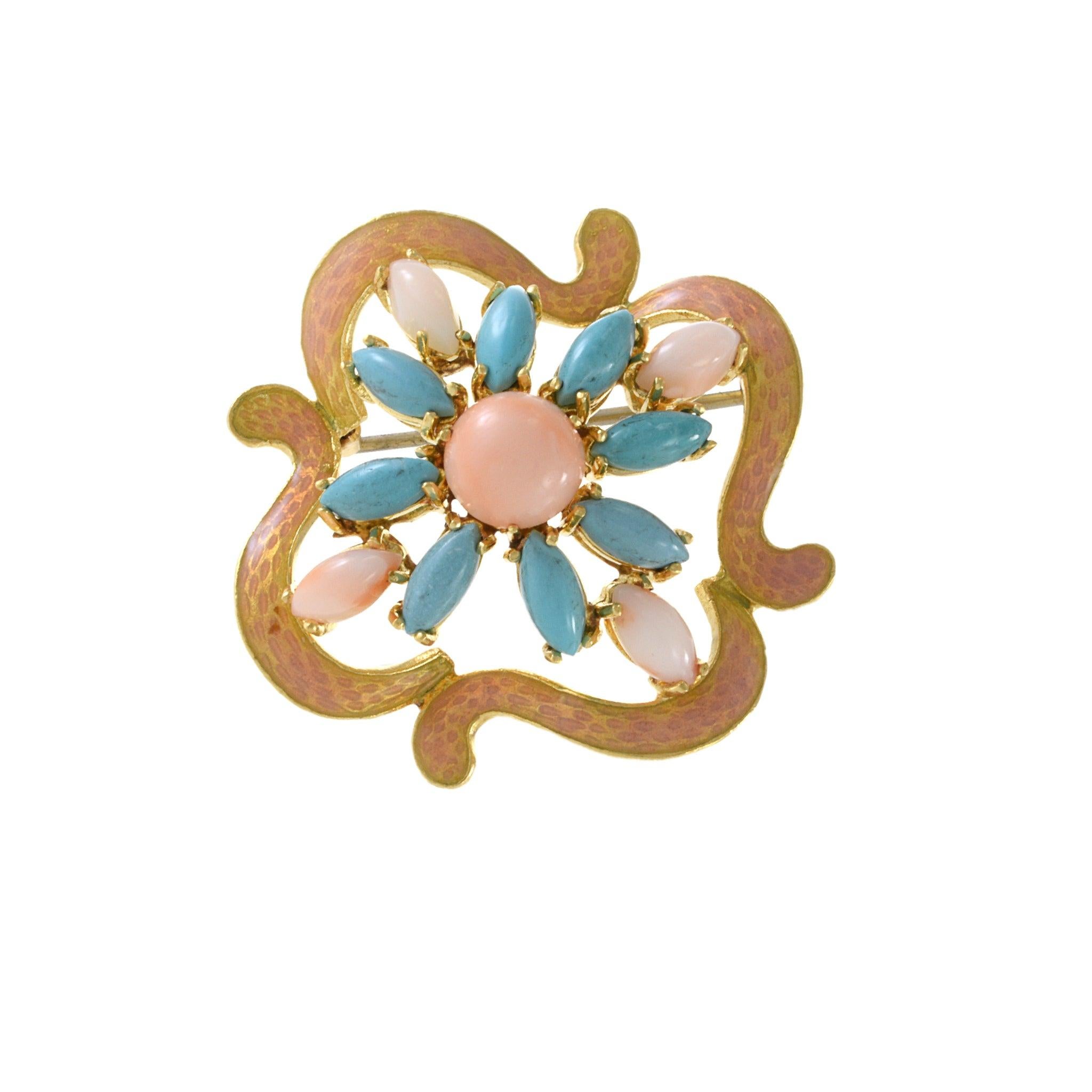 Add a touch of elegance to any outfit with this stunning estate retro era 18KT yellow gold genuine turquoise, angel skin coral, and pink enamel brooch. Made with high-quality, genuine materials, this brooch exudes sophistication and luxury. The